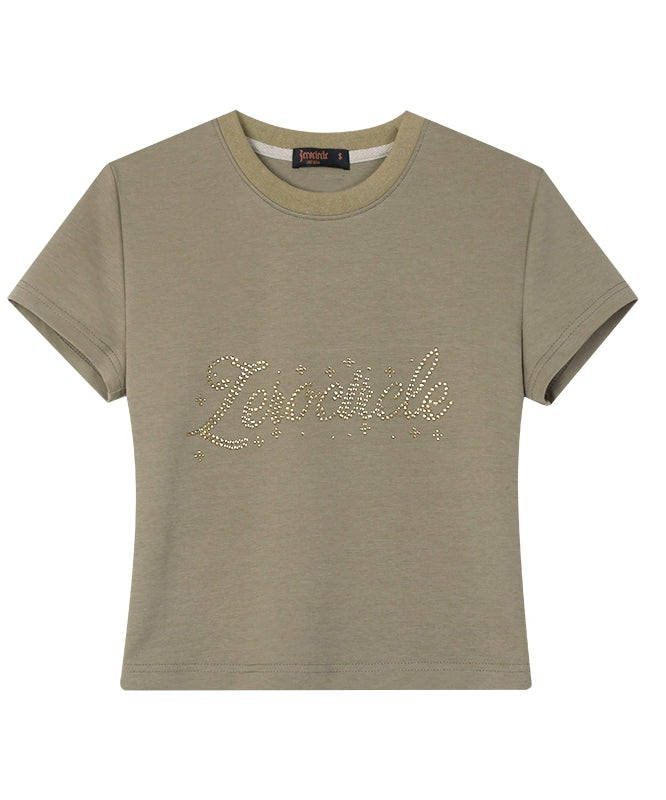 野生zerocircle 灰白色正肩短袖烫钻t恤女夏季多巴胺辣妹显瘦上衣