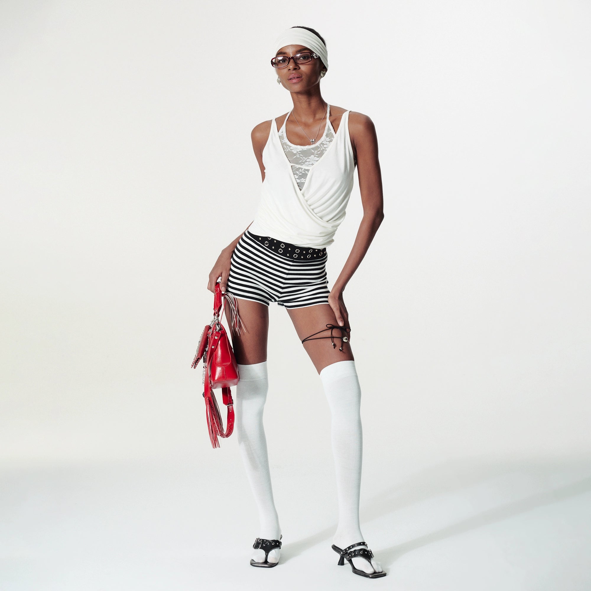 2th Desire朋克波点蕾丝花边铆钉气眼绑带腰头弹力mini短裤内搭裤