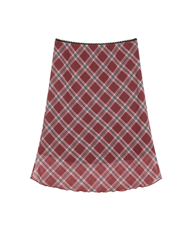 野生zerocircle 红色格子中长款半身裙女春夏a字显瘦低腰雪纺裙子