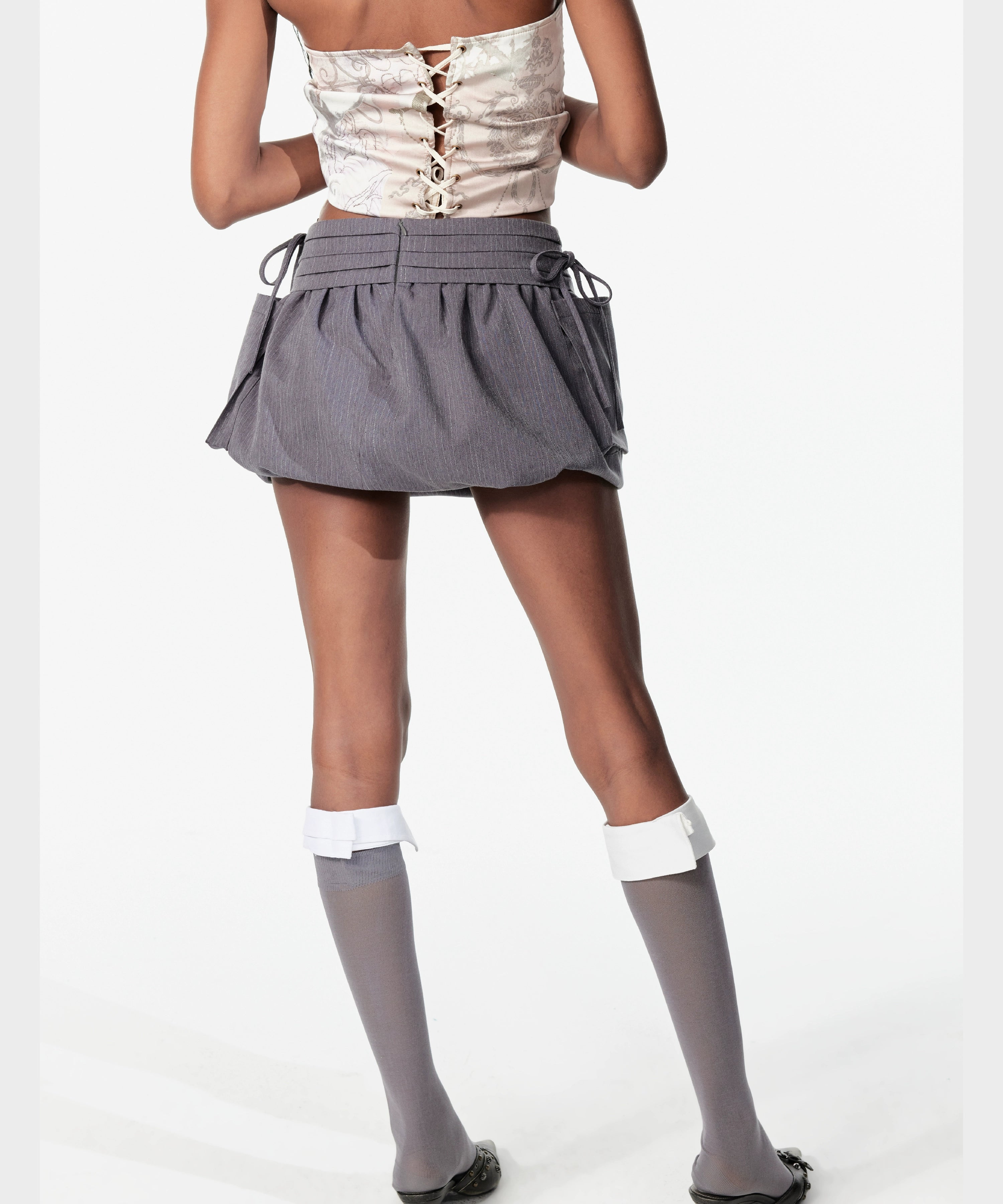 2th Desire复古口袋多褶银丝条纹蝴蝶结绑带A字花苞短裙半身裙女