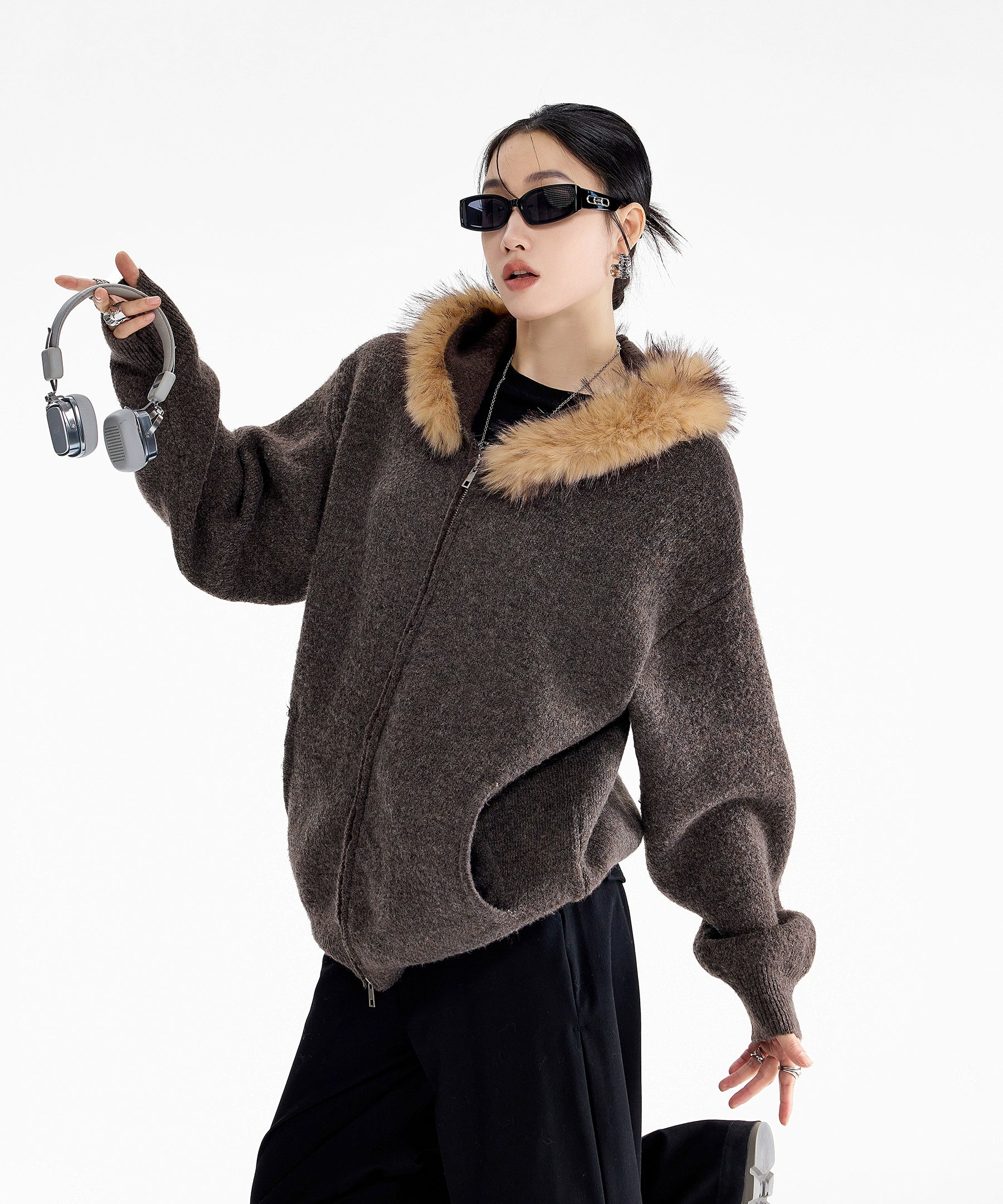 ICH MODE 美式可拆卸毛领黄色针织开衫女秋冬季宽松慵懒毛衣外套