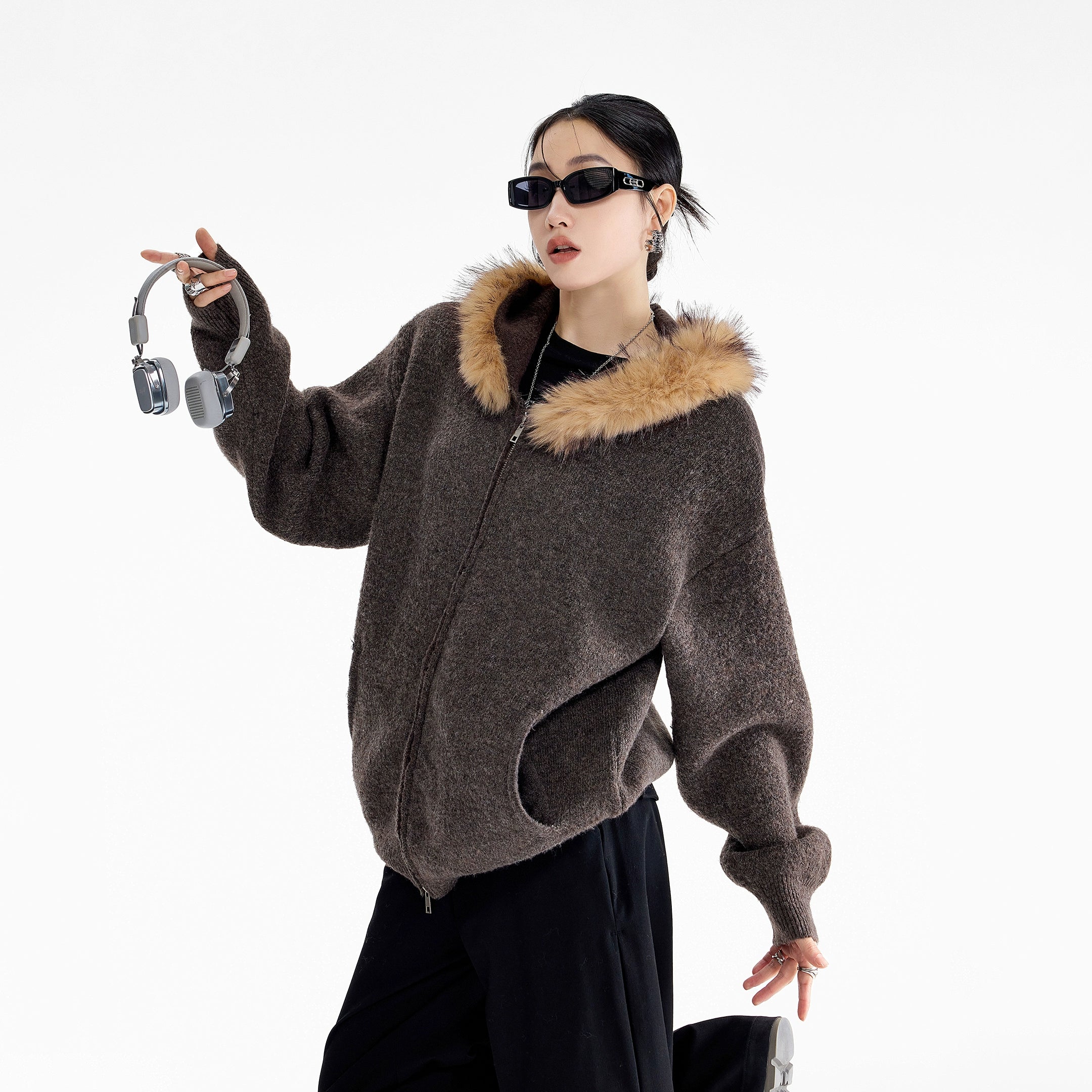 ICH MODE 美式可拆卸毛领黄色针织开衫女秋冬季宽松慵懒毛衣外套