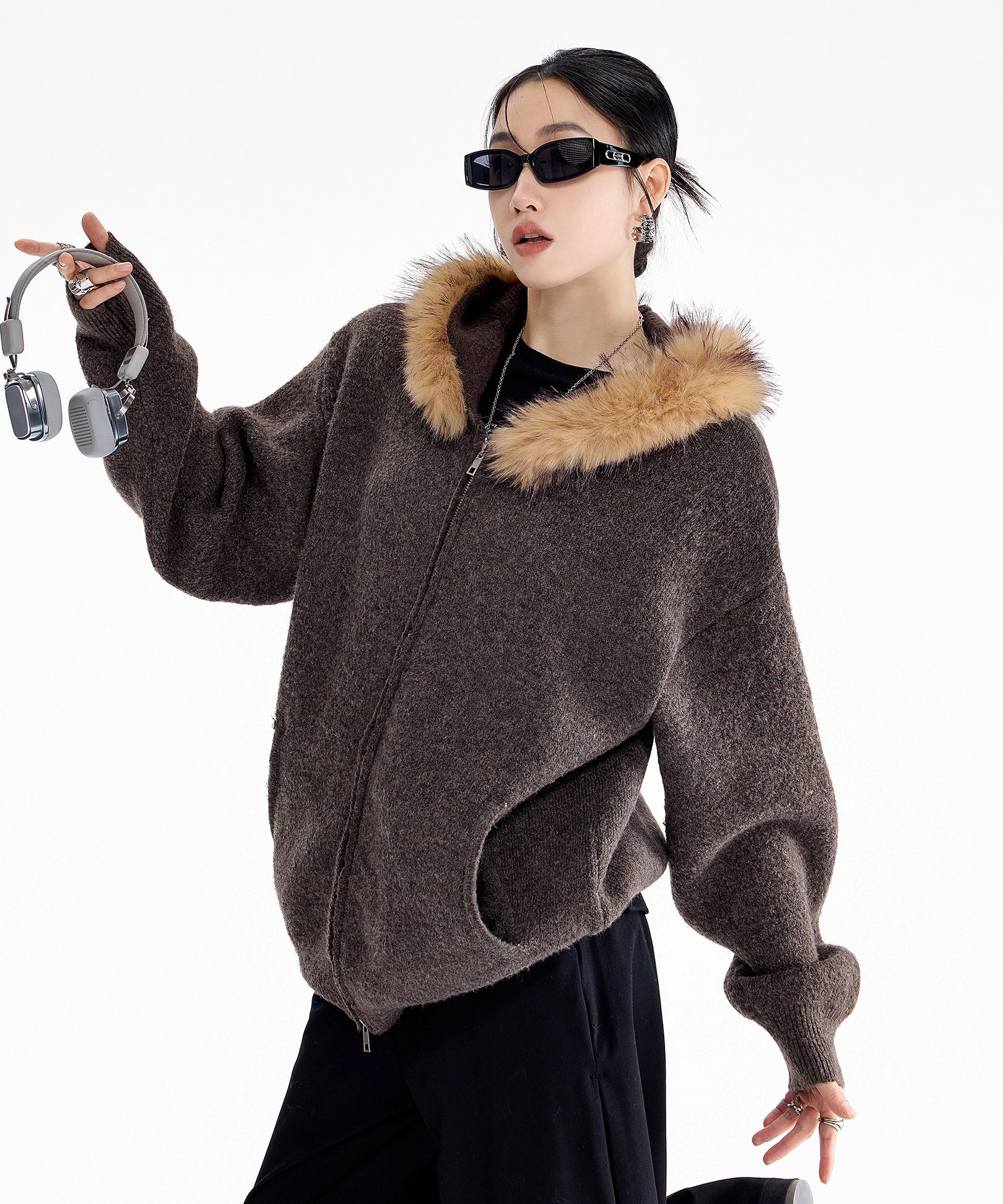 ICH MODE 美式可拆卸毛领黄色针织开衫女秋冬季宽松慵懒毛衣外套