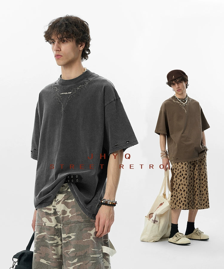 【李沛恩同款】JHYQ美式印花重磅磨毛水洗短袖T恤男宽松破洞五分