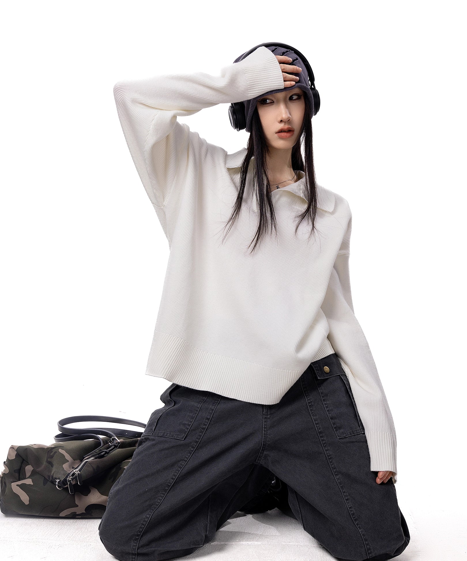 ICH MODE 美式复古POLO毛针织衫女秋冬新款宽松休闲长袖毛衣外套