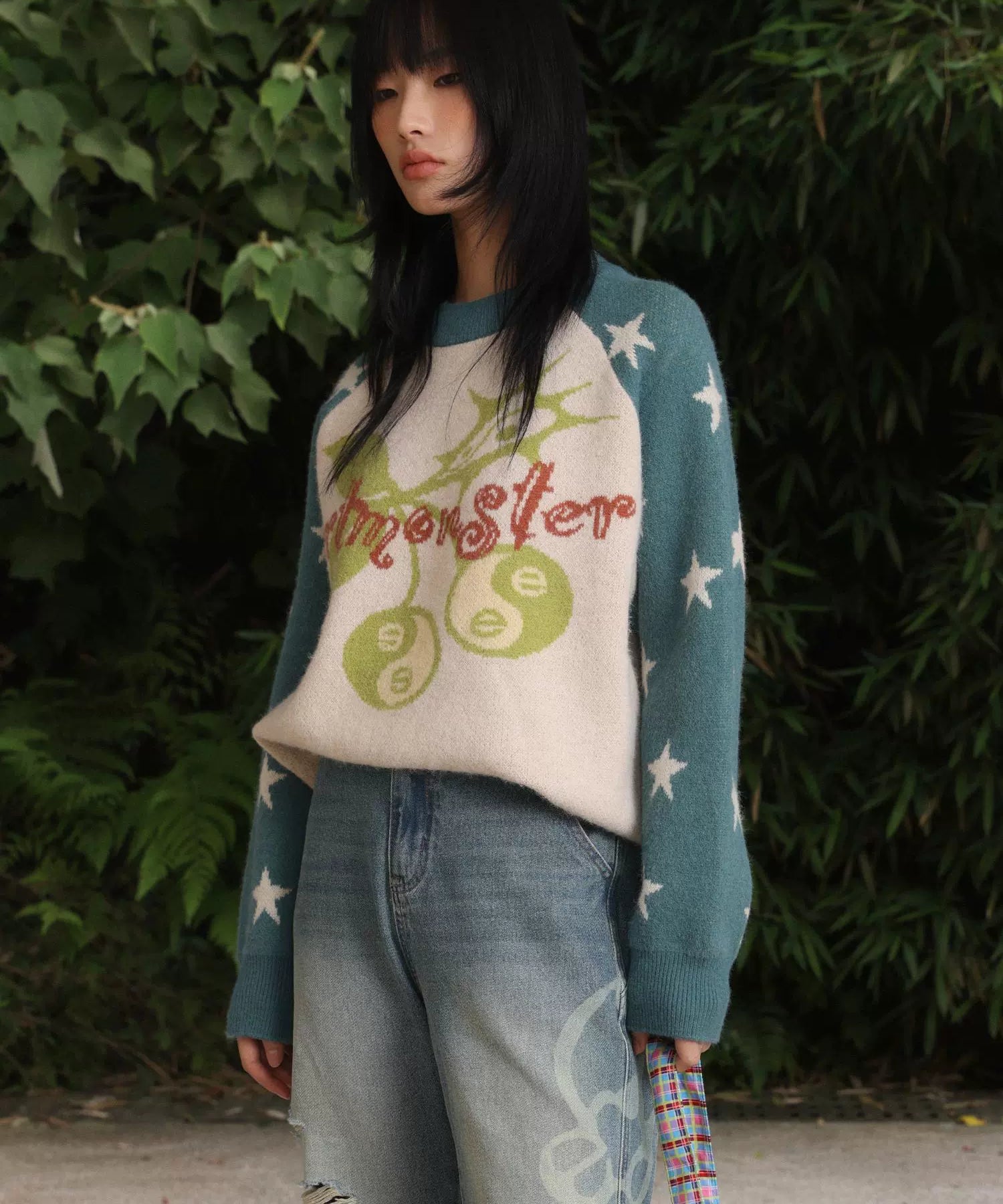 “电子樱桃”| eeeeArtmonster24FW创意樱桃印花拼色重磅圆领毛衣