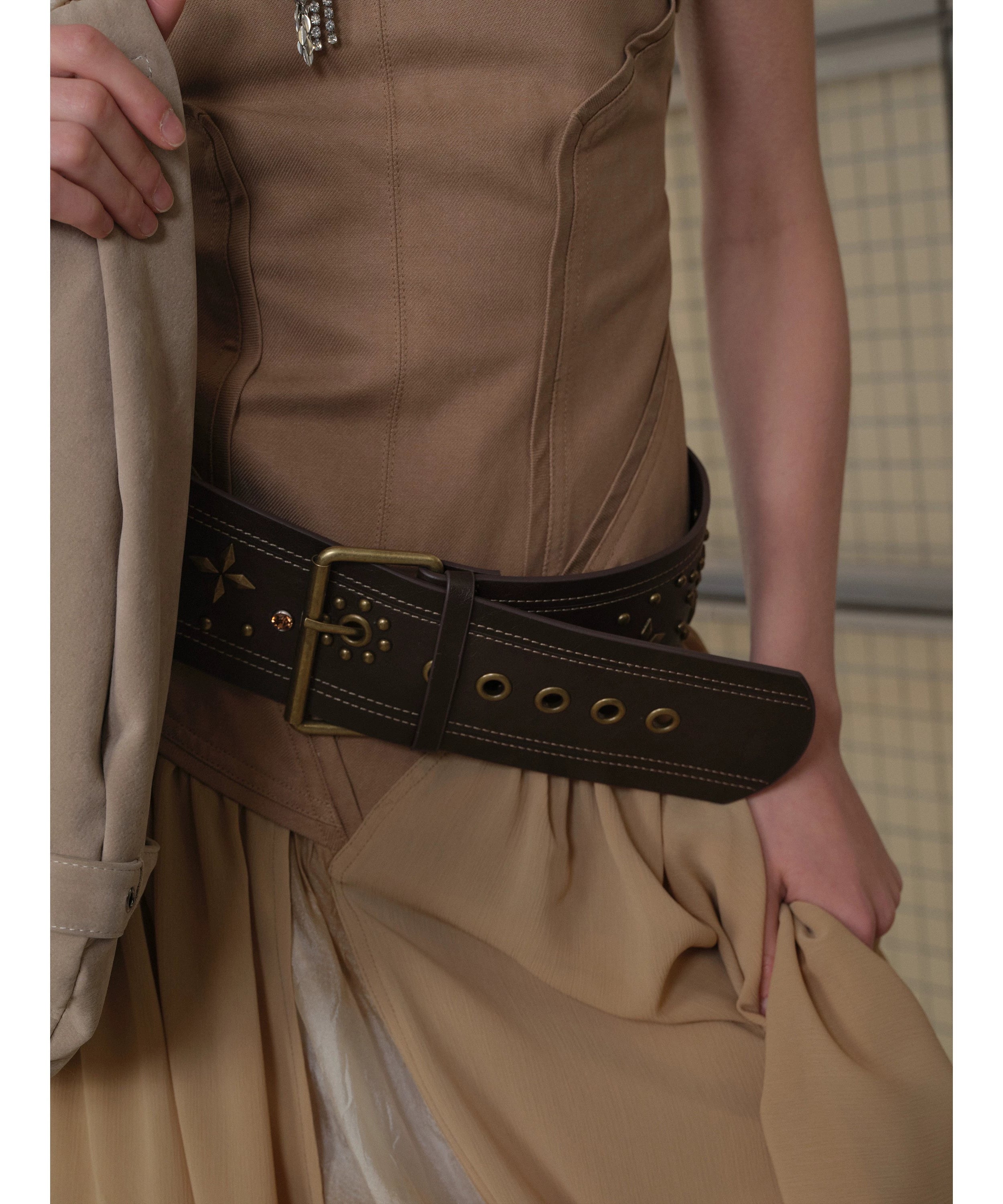 2th Desire朋克复古撞色小众设计感y2k辣妹铆钉钻石钉镶嵌宽腰带