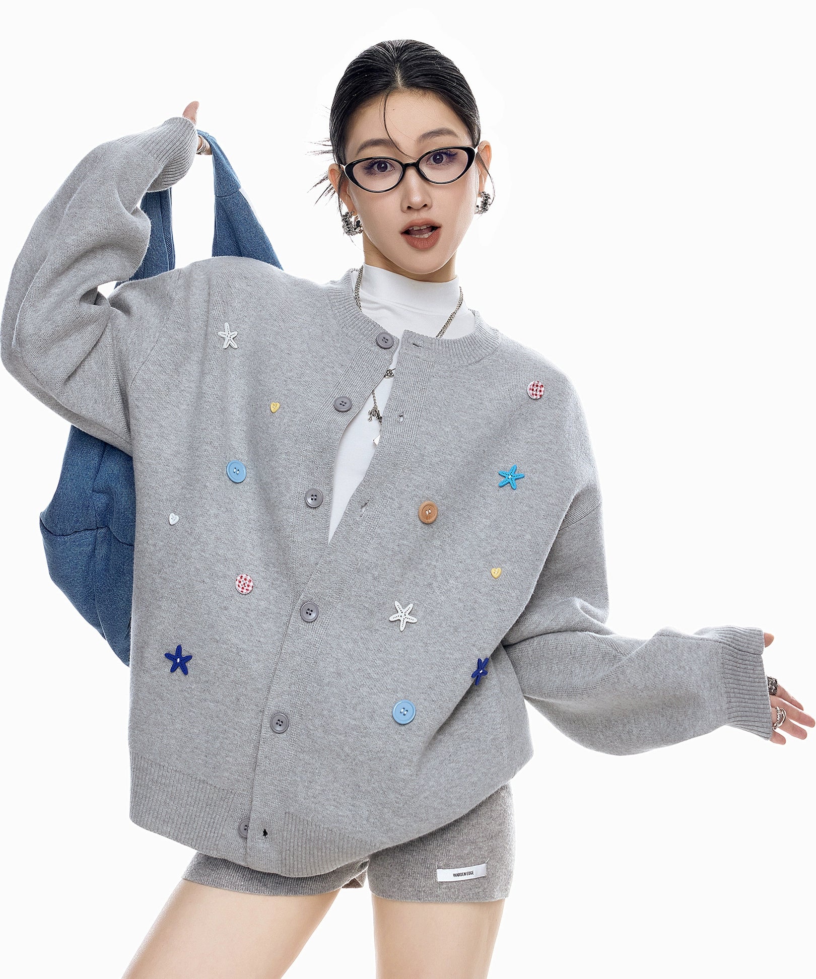 ICH MODE 美式复古海星纽扣针织开衫女秋冬季慵懒氛围感毛衣外套