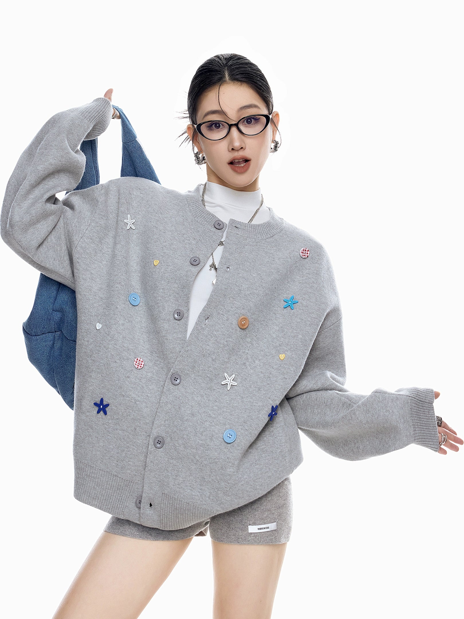 ICH MODE 美式复古海星纽扣针织开衫女秋冬季慵懒氛围感毛衣外套