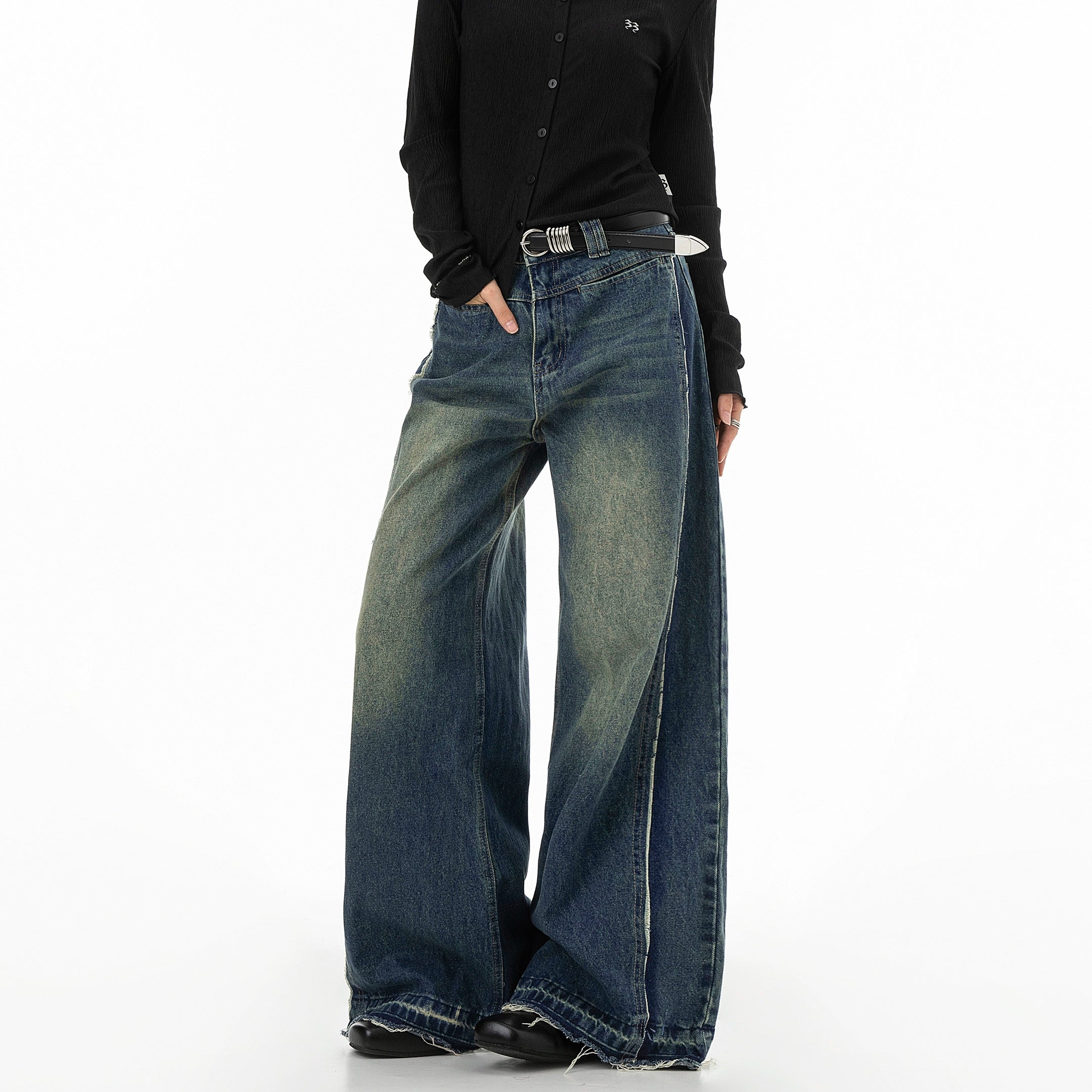 ICH MODE 美式复古做旧解构牛仔裤女宽松直筒裤运动裤休闲阔腿裤