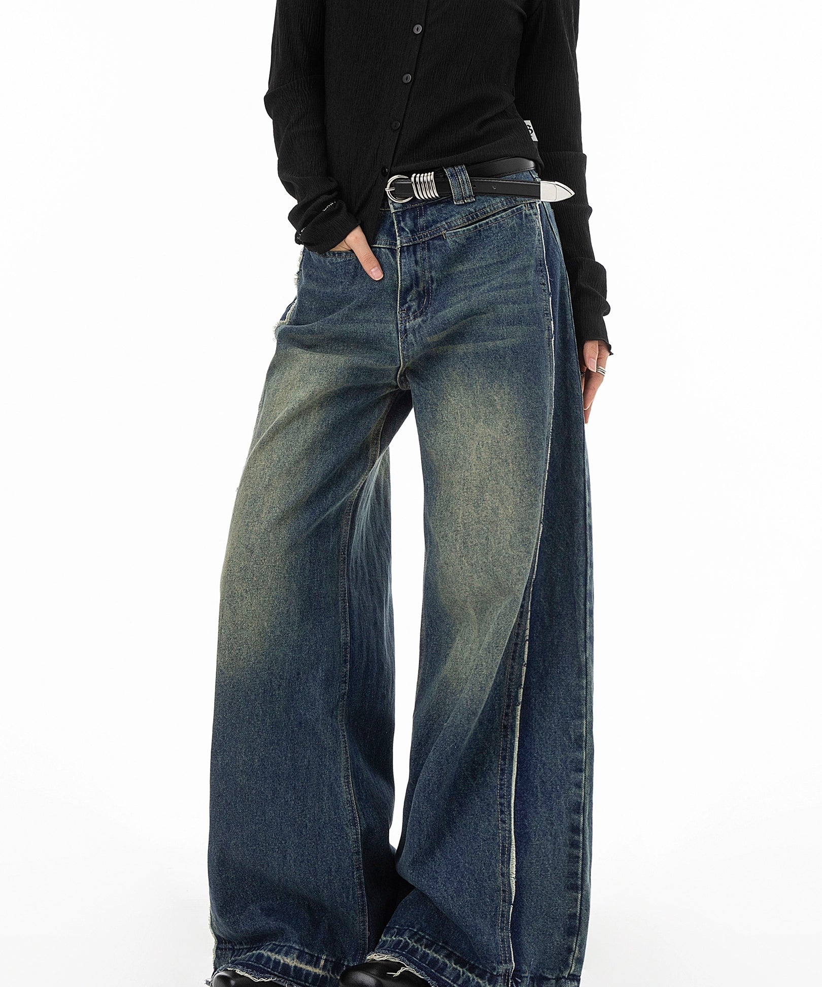 ICH MODE 美式复古做旧解构牛仔裤女宽松直筒裤运动裤休闲阔腿裤