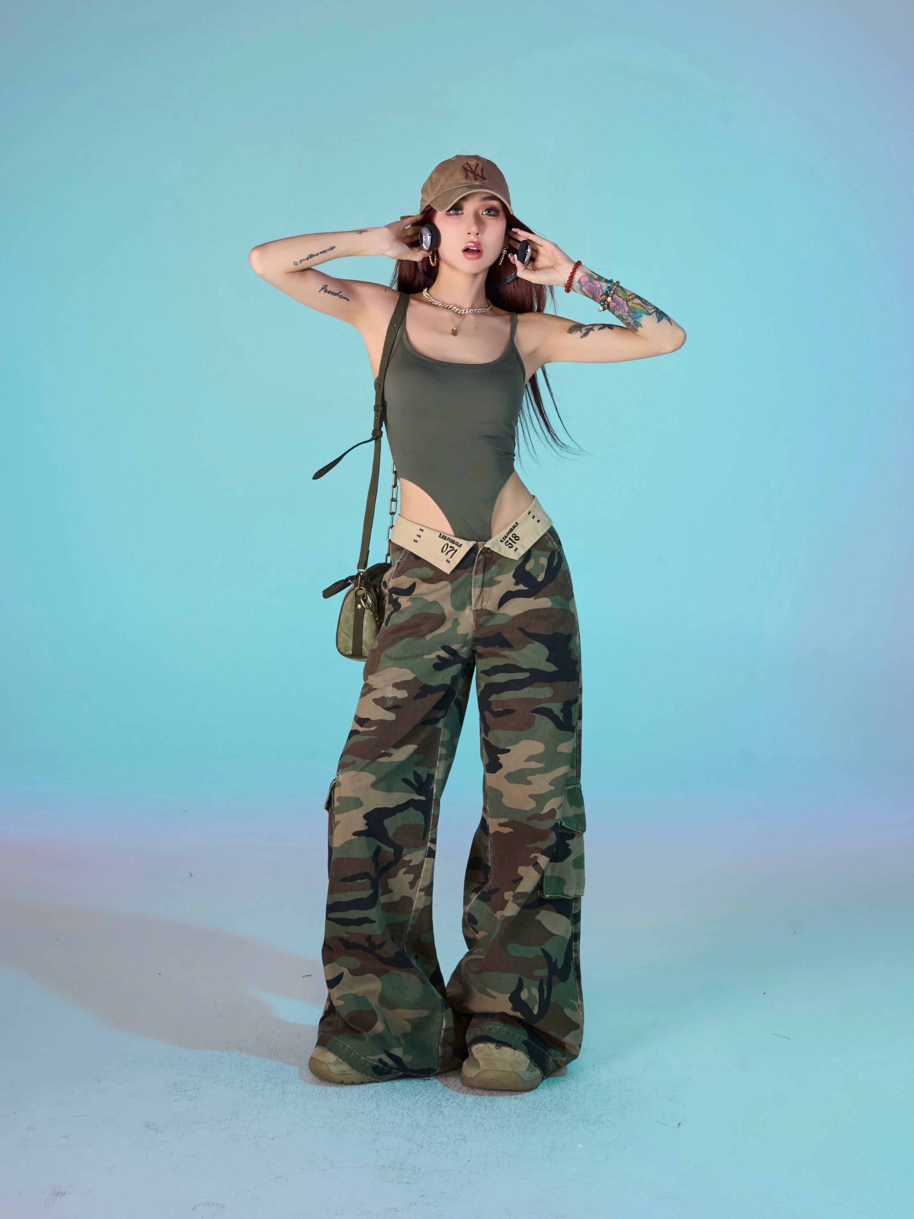 野生zerocircle迷彩低腰工装裤女夏美式显瘦宽松阔腿直筒休闲裤子