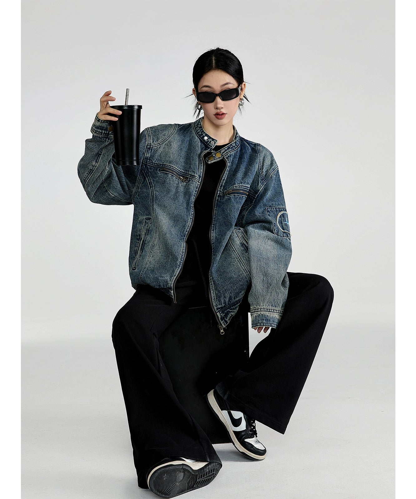 ICH MODE 美式复古做旧水洗牛仔外套女潮牌高街宽松休闲工装夹克