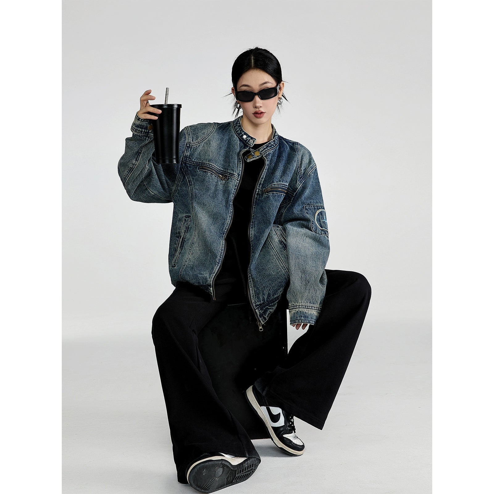 ICH MODE 美式复古做旧水洗牛仔外套女潮牌高街宽松休闲工装夹克