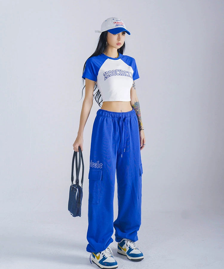 野生zero 绿蓝红色插肩短袖t恤女夏美式复古辣妹修身显瘦短款上衣