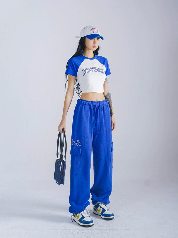 野生zero 绿蓝红色插肩短袖t恤女夏美式复古辣妹修身显瘦短款上衣