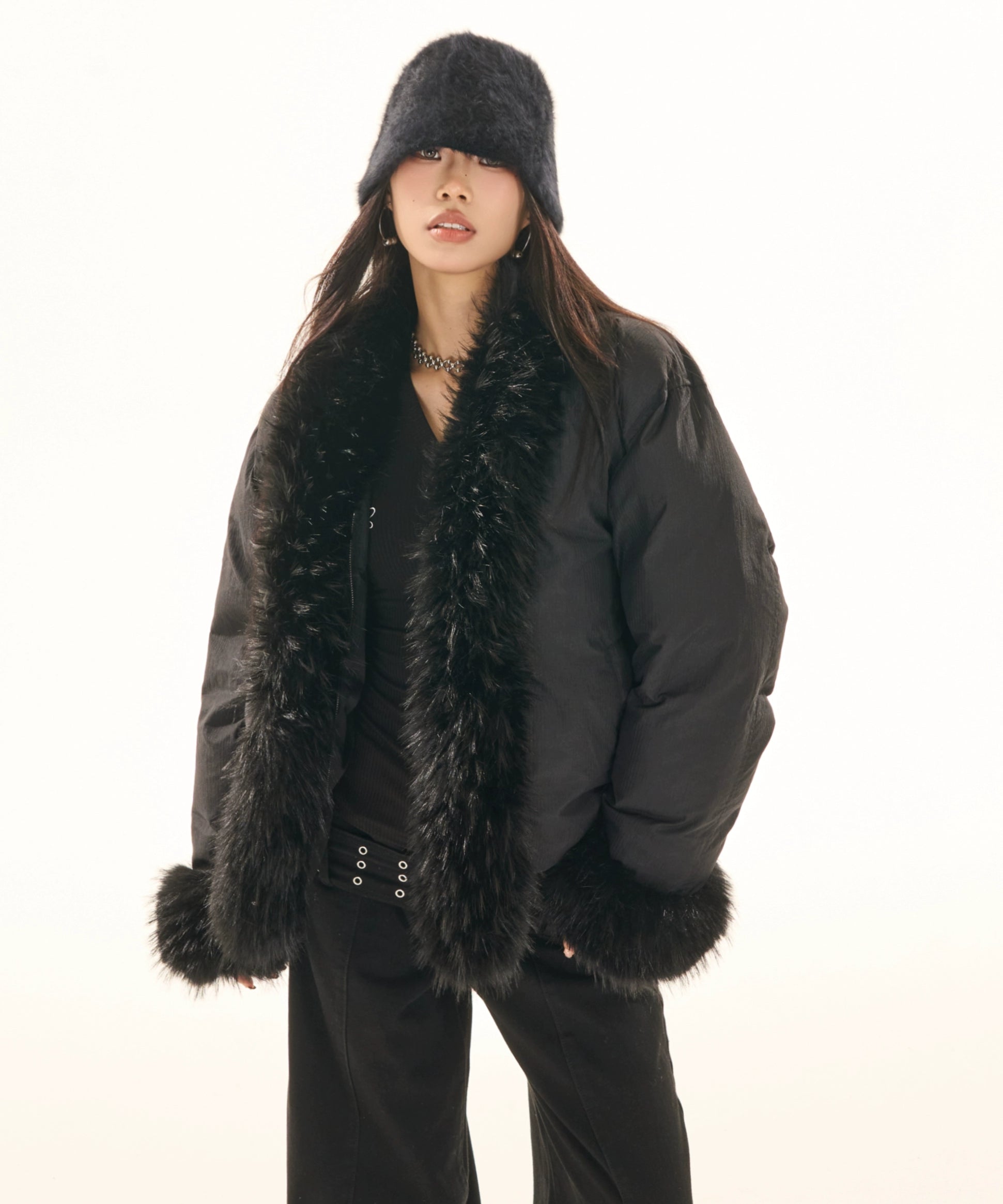 野生zerocircle黑色鸭绒毛领羽绒服女冬季设计感小众宽松加厚外套