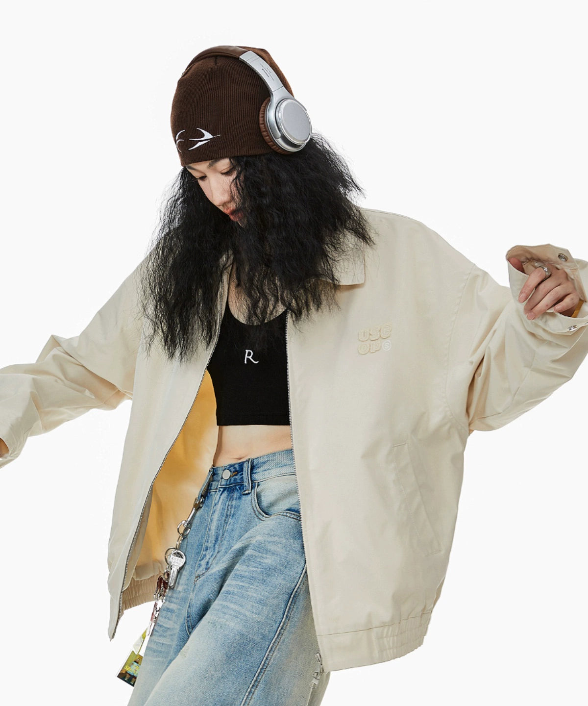 ICH MODE 美式复古拉链外套女2025秋冬新款宽松休闲工装夹克上衣