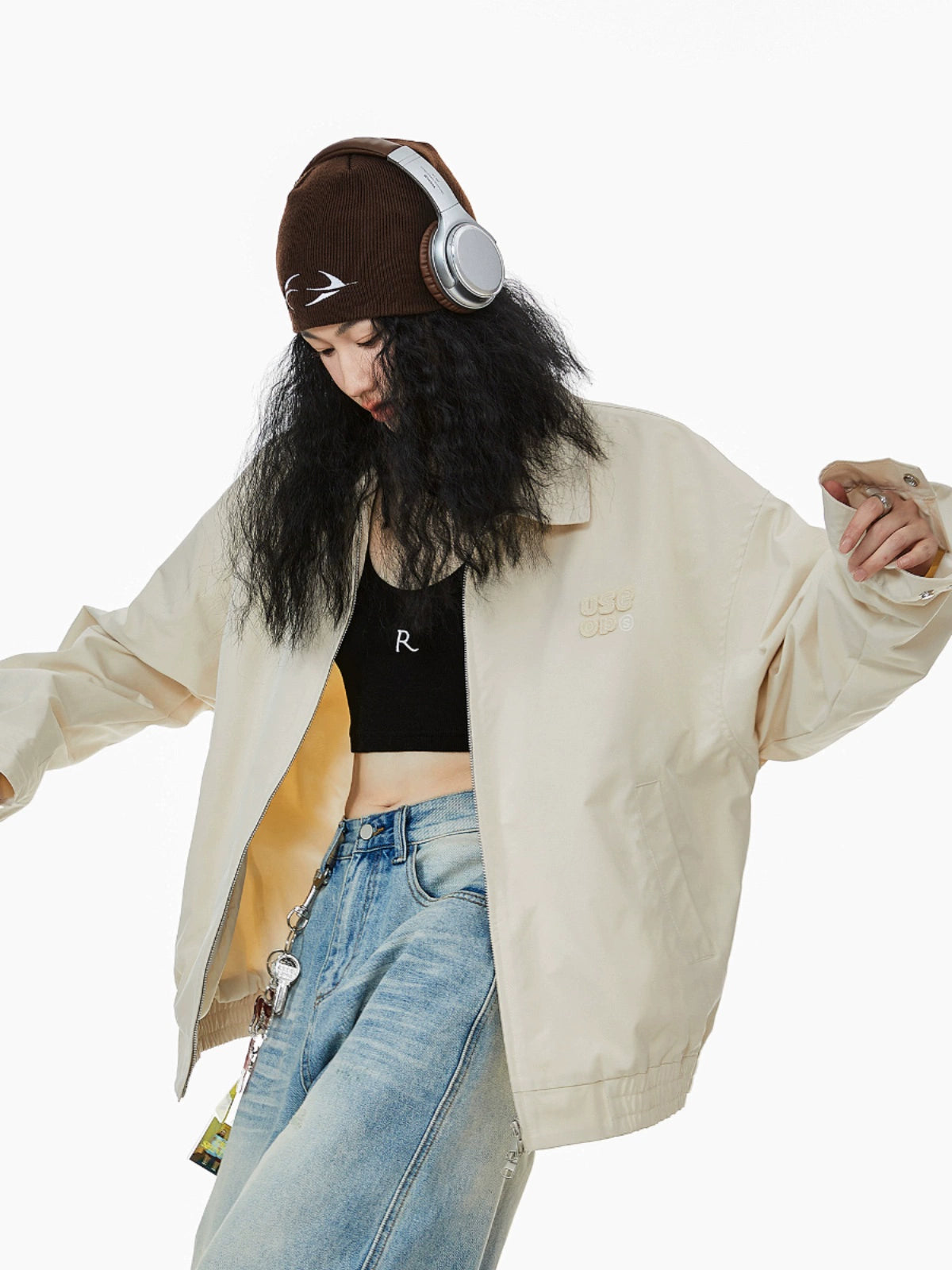 ICH MODE 美式复古拉链外套女2025秋冬新款宽松休闲工装夹克上衣