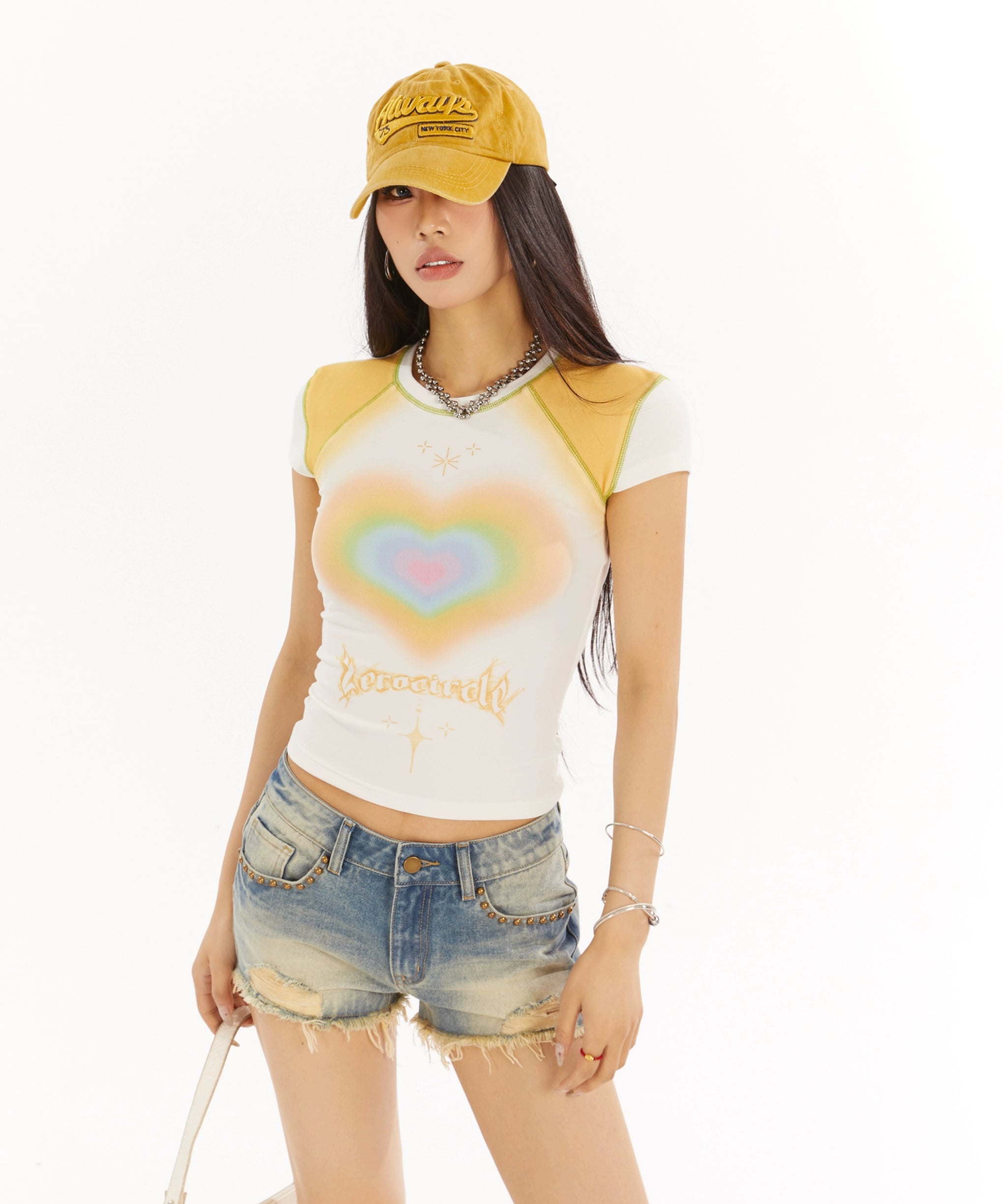 野生zero 红白色爱心印花正肩短袖t恤女夏辣妹设计感显瘦修身上衣