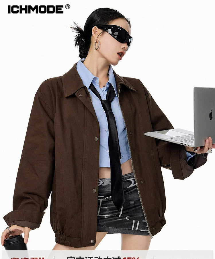 ICH MODE 美式复古哈灵顿外套女2025秋冬季新款翻领开衫夹克上衣