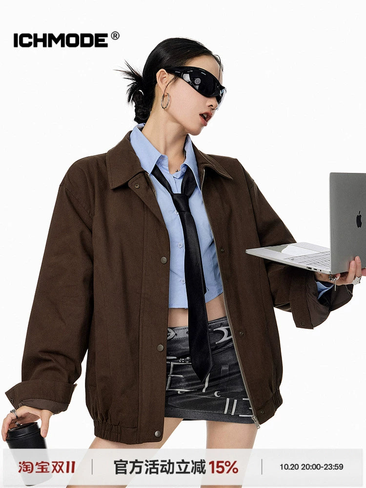 ICH MODE 美式复古哈灵顿外套女2025秋冬季新款翻领开衫夹克上衣