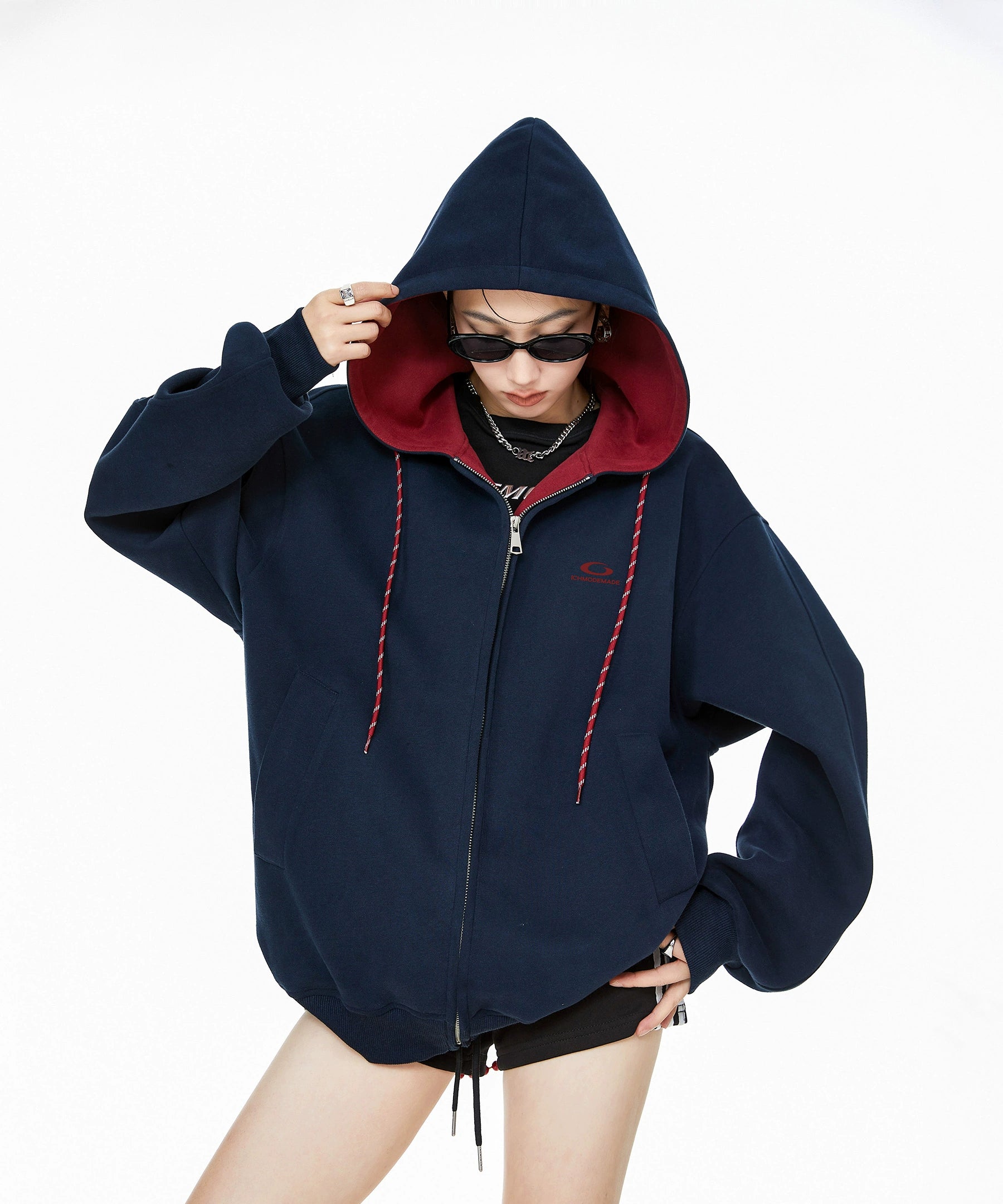 ICH MODE 美式复古拼色加绒连帽卫衣女秋冬开衫卫衣宽松休闲上衣