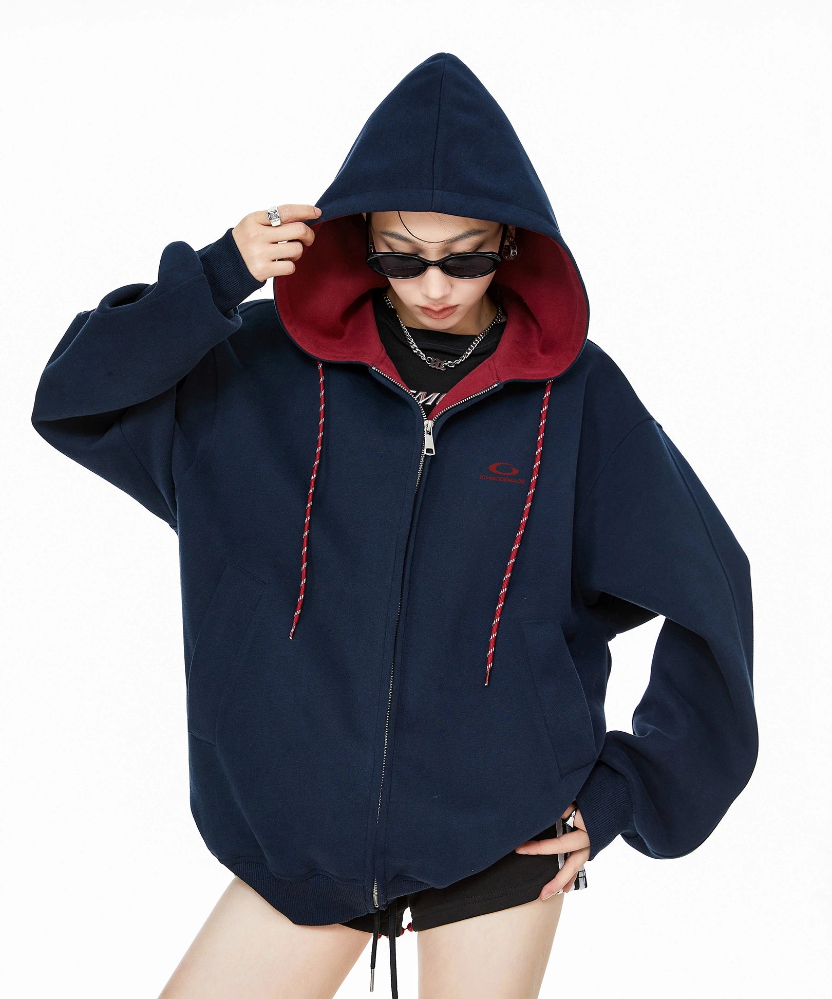 ICH MODE 美式复古拼色加绒连帽卫衣女秋冬开衫卫衣宽松休闲上衣