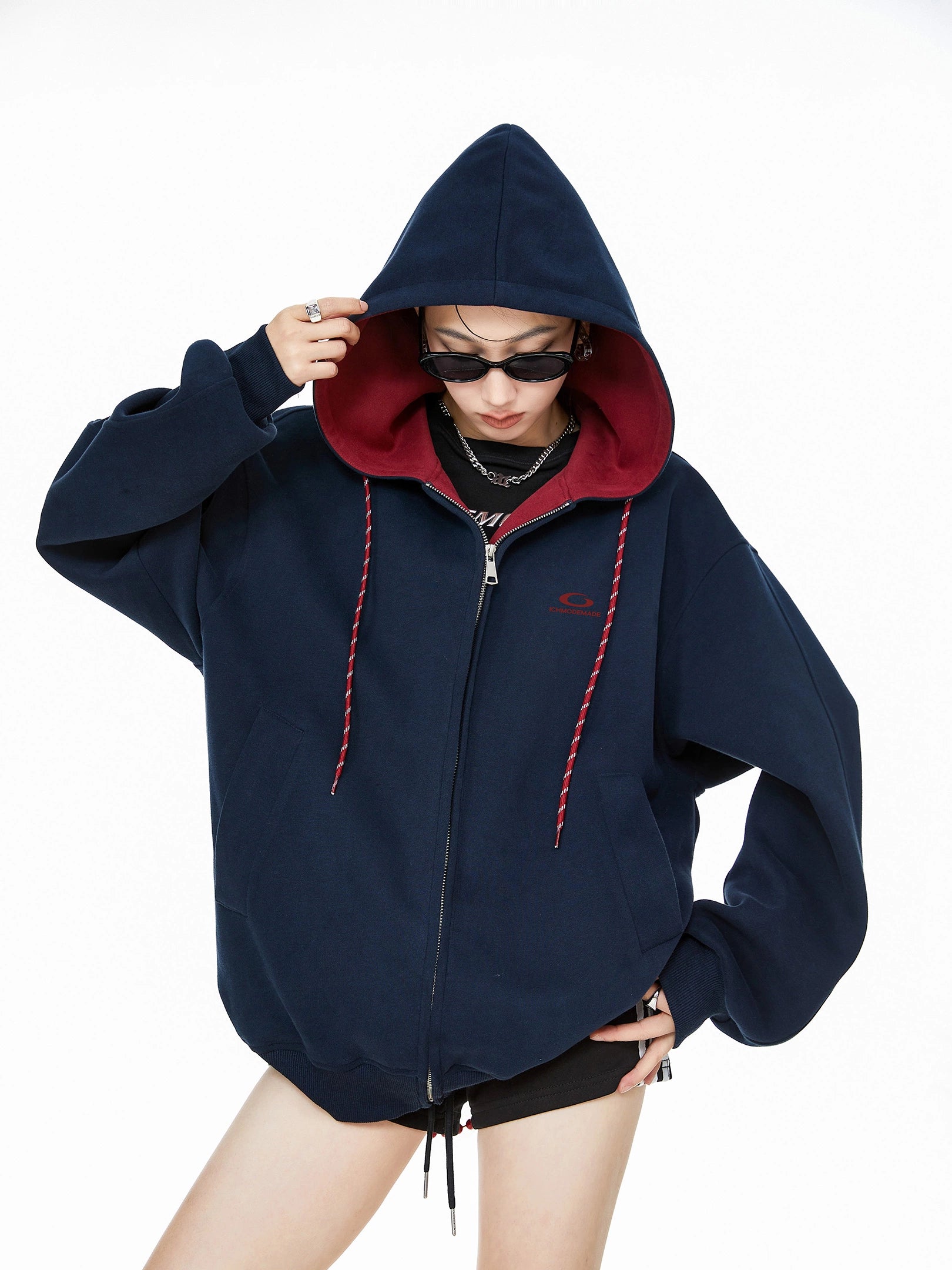 ICH MODE 美式复古拼色加绒连帽卫衣女秋冬开衫卫衣宽松休闲上衣