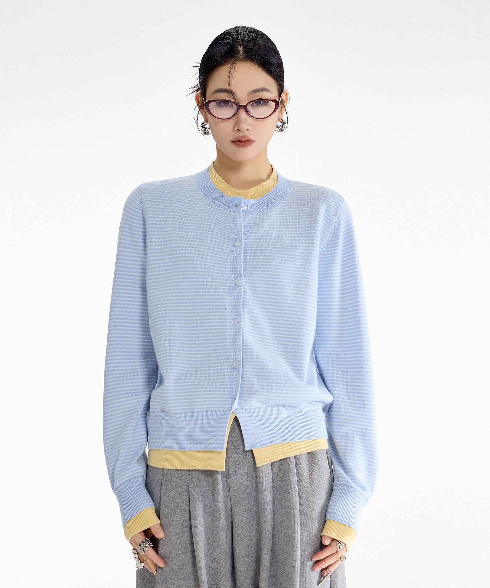 ICH MODE 美式假两件撞色条纹针织开衫女秋冬季短款修身毛衣外套