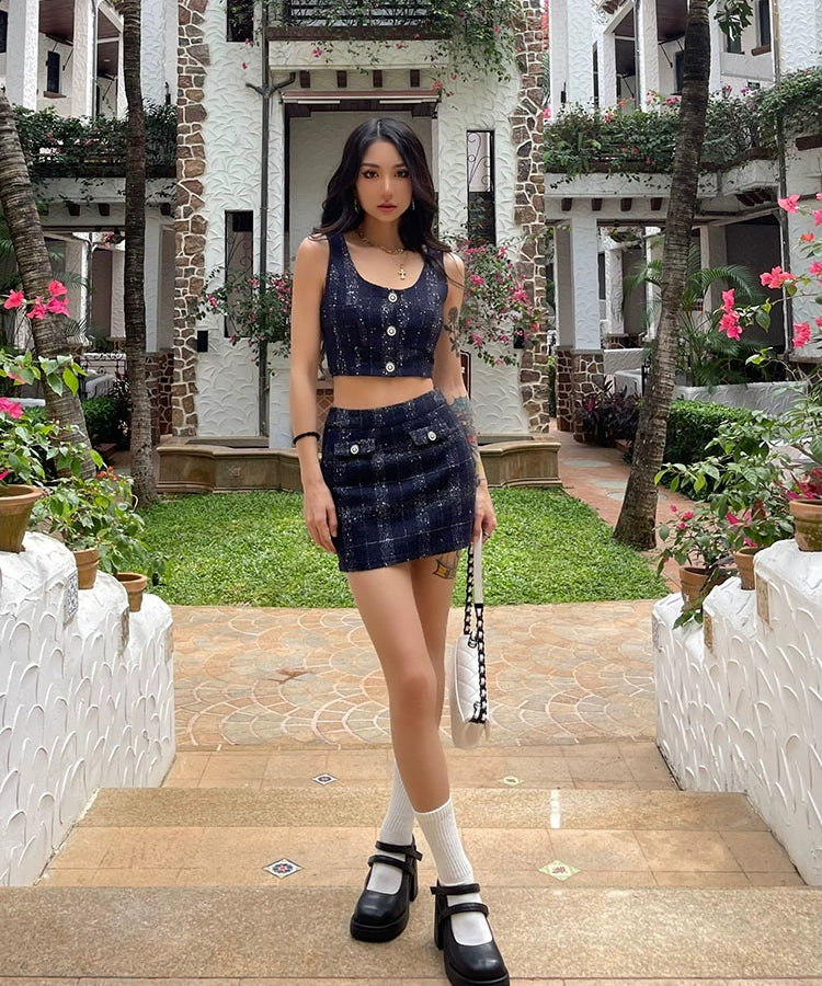 野生zero 蓝色小香套装女夏季外穿短款吊带背心格子a字半身短裙子