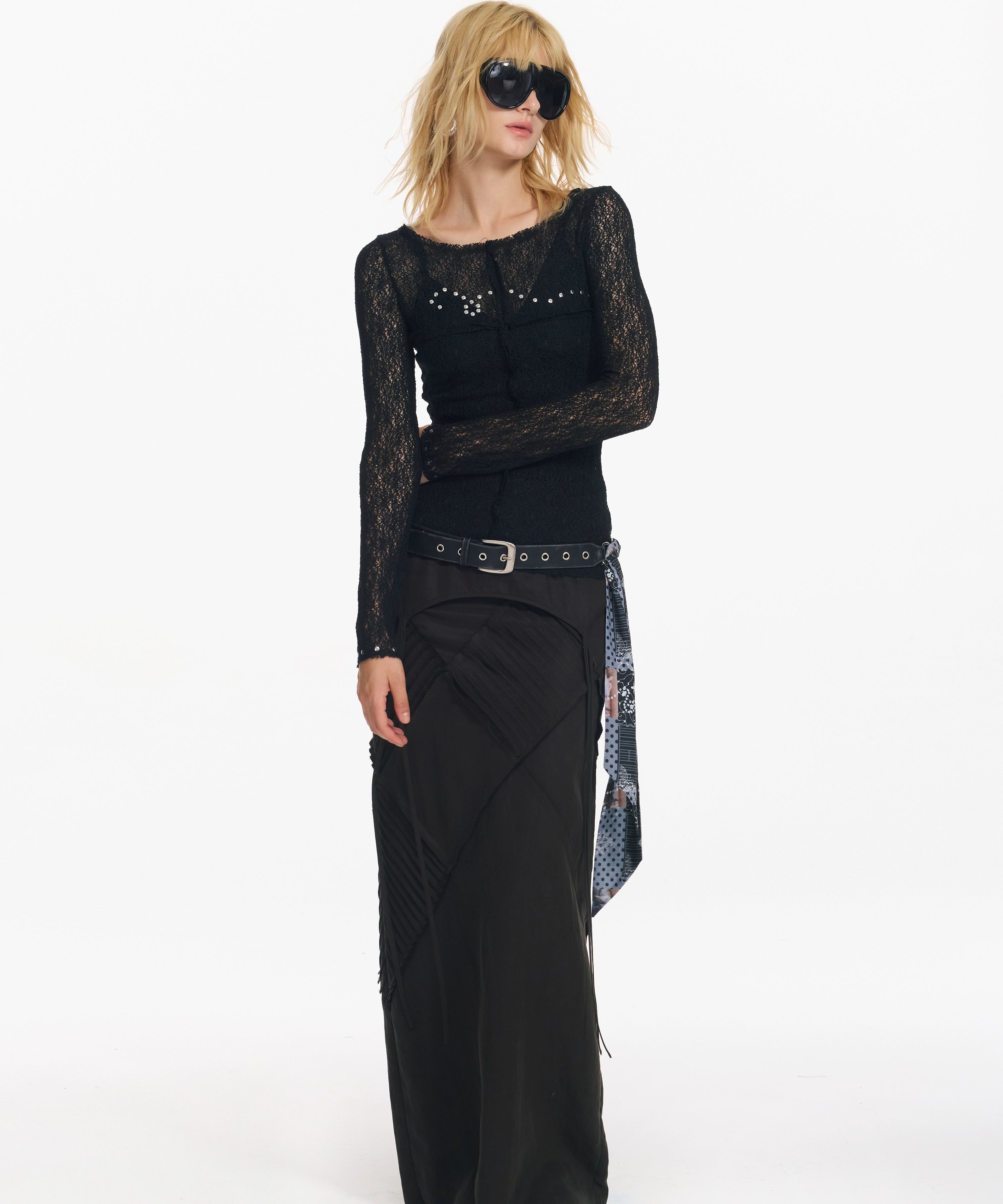 2th Desire 复古菱形格打条绑带长款直筒显瘦设计感低腰半身裙女