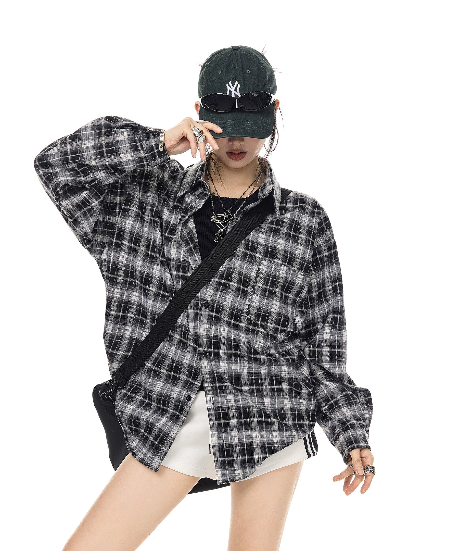ICH MODE 美式复古休闲格子衬衫女2025新款宽松衬衣外套翻领上衣