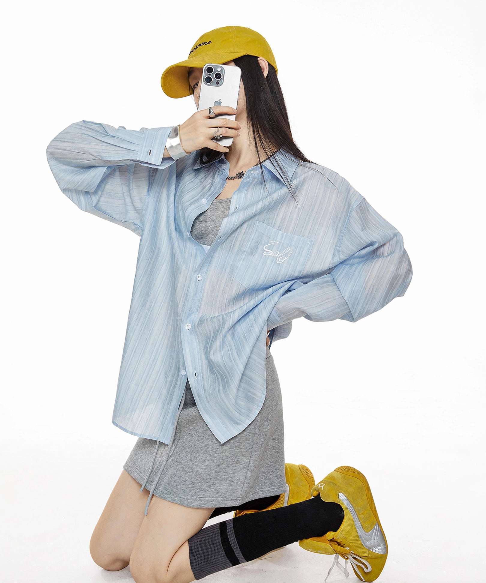 ICH MODE 美式复古刺绣长袖衬衫女夏轻薄物理防晒莱赛尔衬衣外套