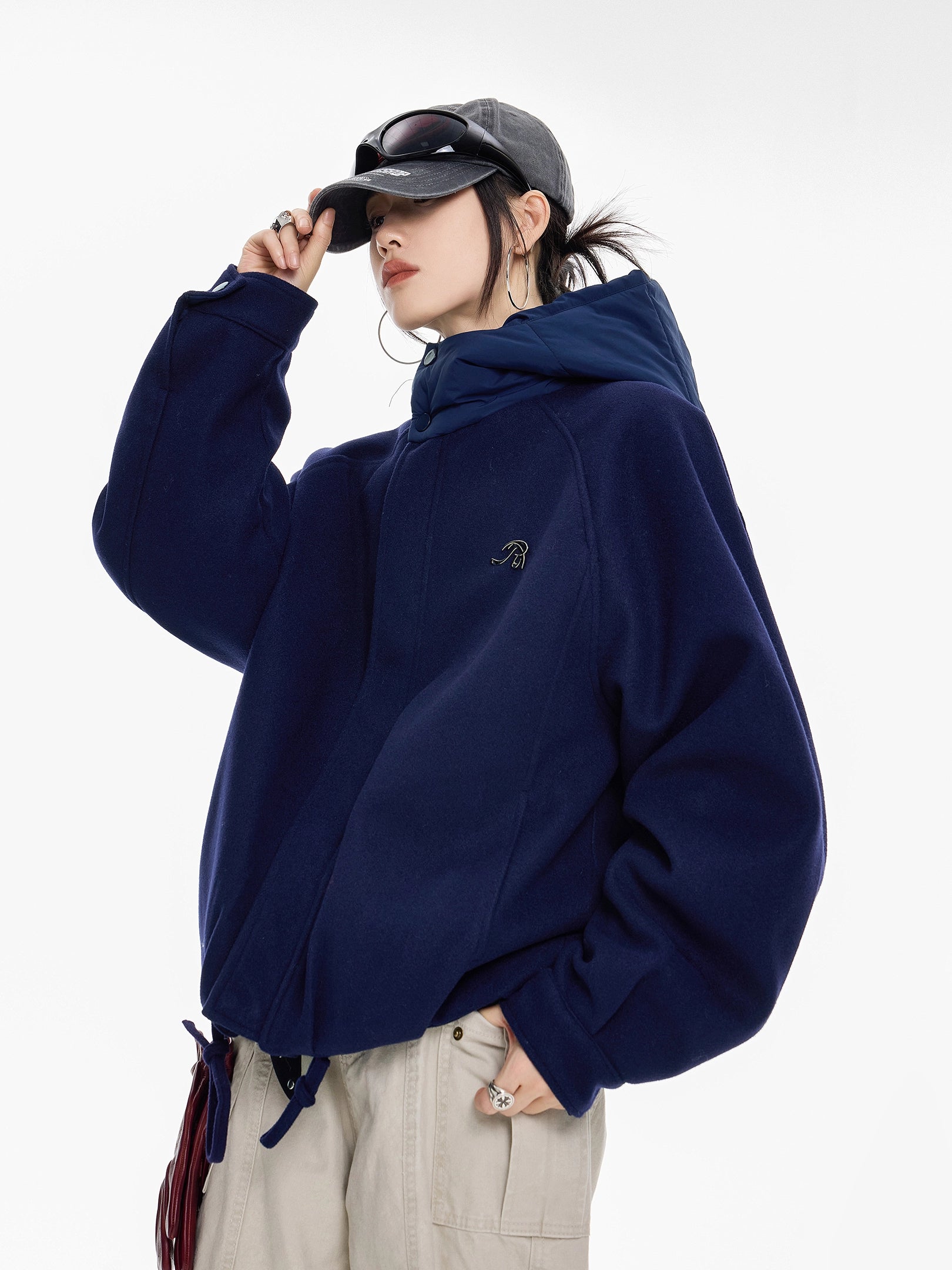 ICH MODE 美式复古拼接连帽棉服女新款冬季宽松保暖棉衣开衫外套