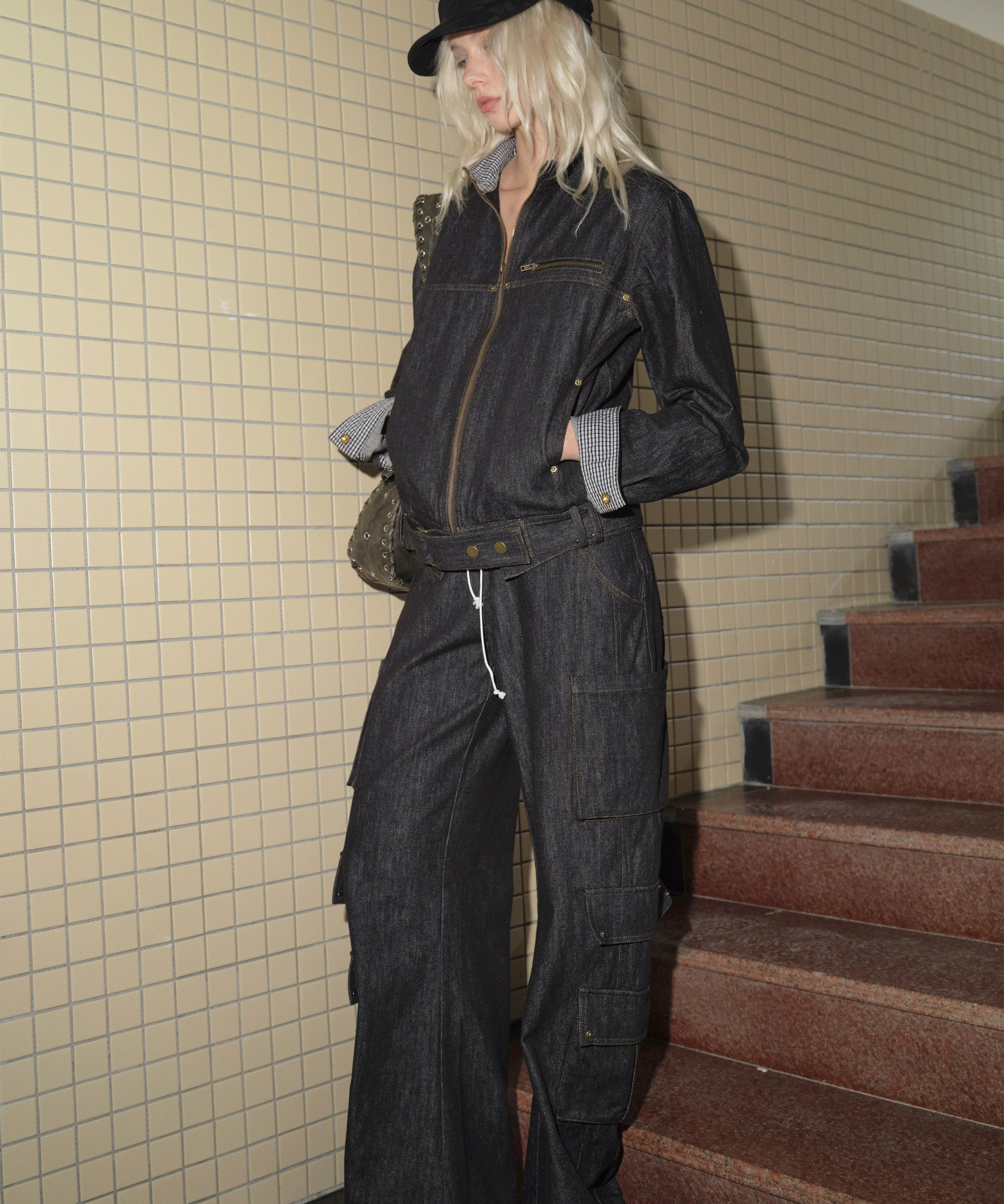 2th Desire复古立领撞色拼接工装机车夹克宽松廓形原牛牛仔外套女