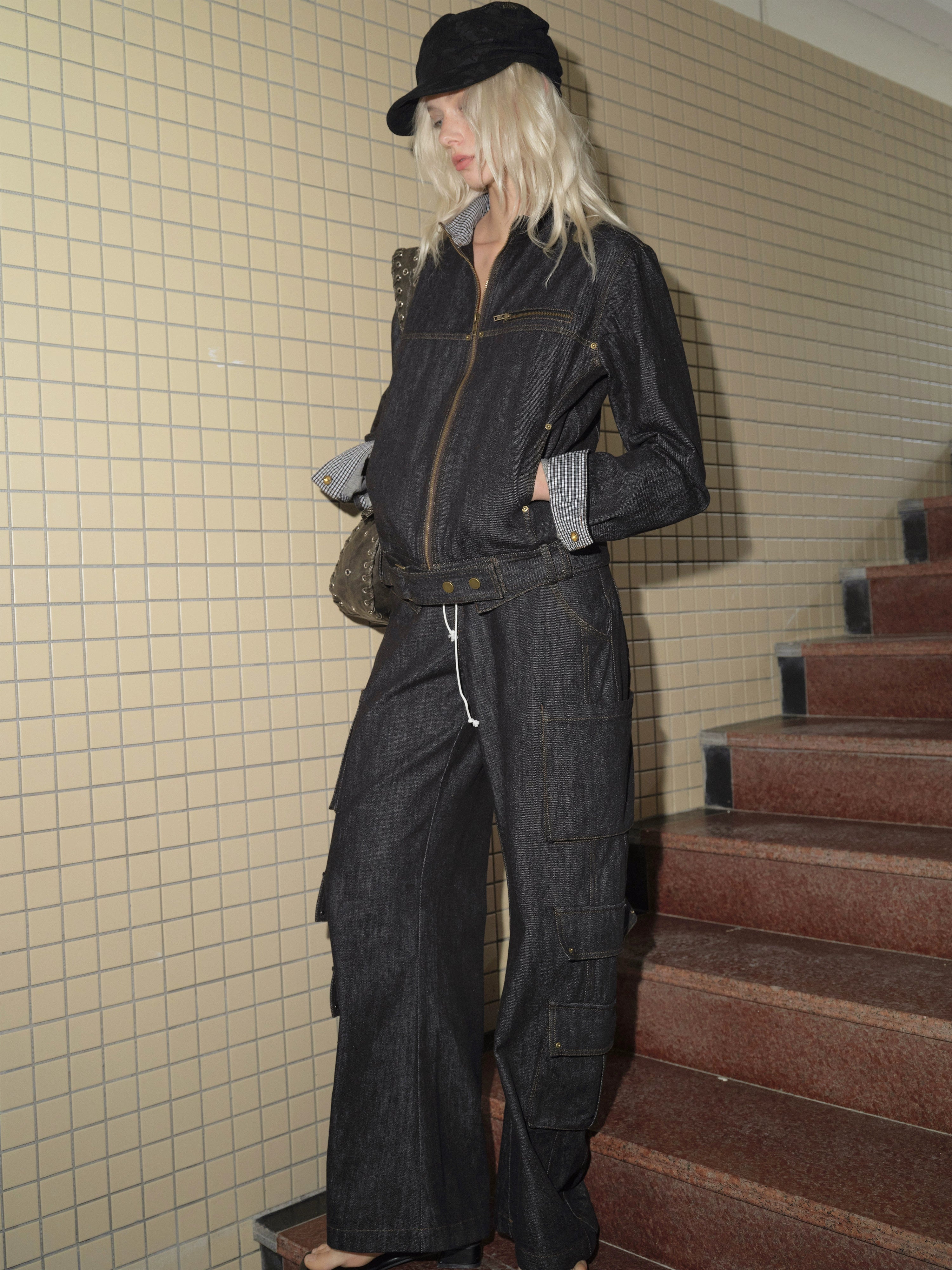 2th Desire复古立领撞色拼接工装机车夹克宽松廓形原牛牛仔外套女