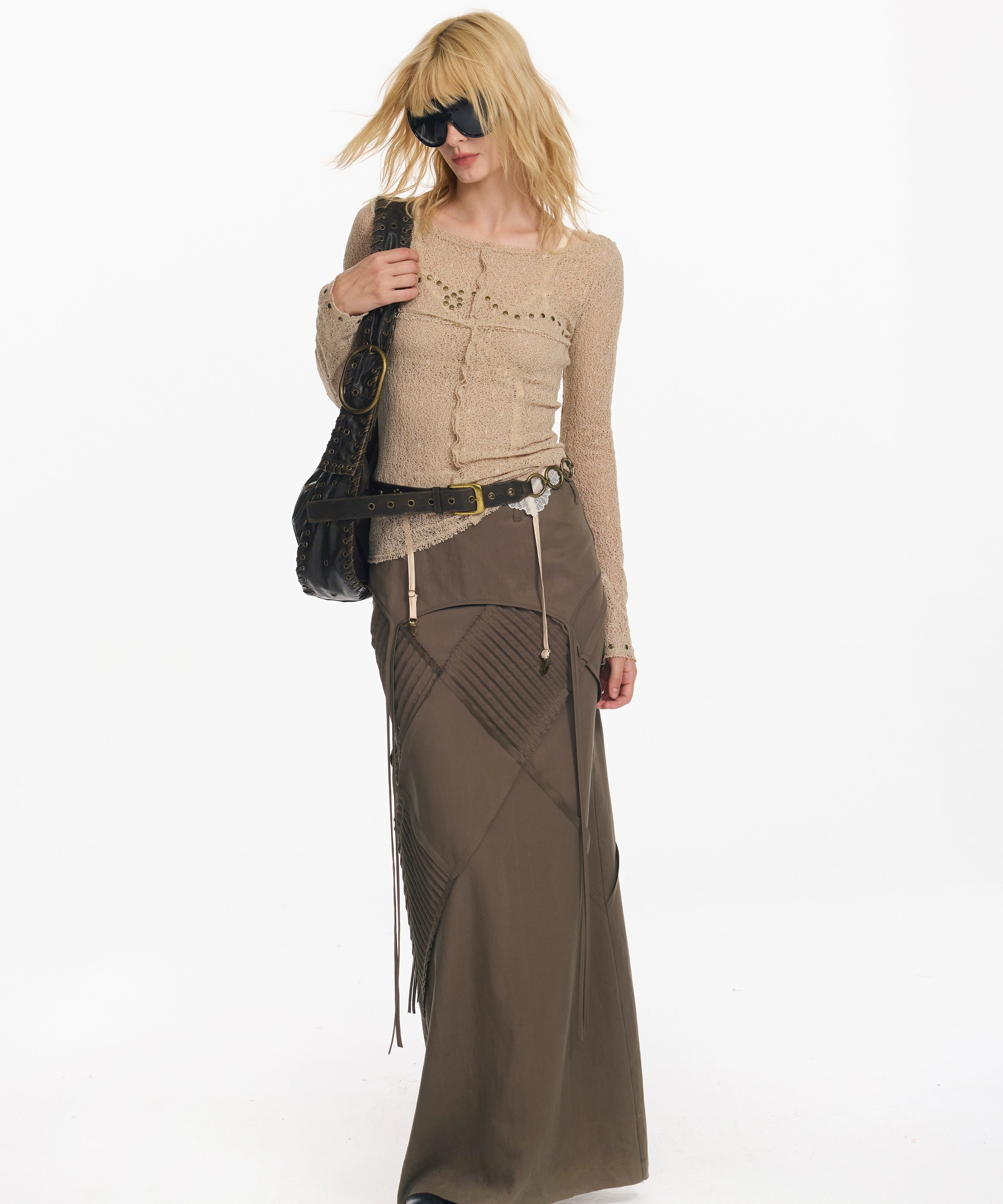 2th Desire 复古菱形格打条绑带长款直筒显瘦设计感低腰半身裙女