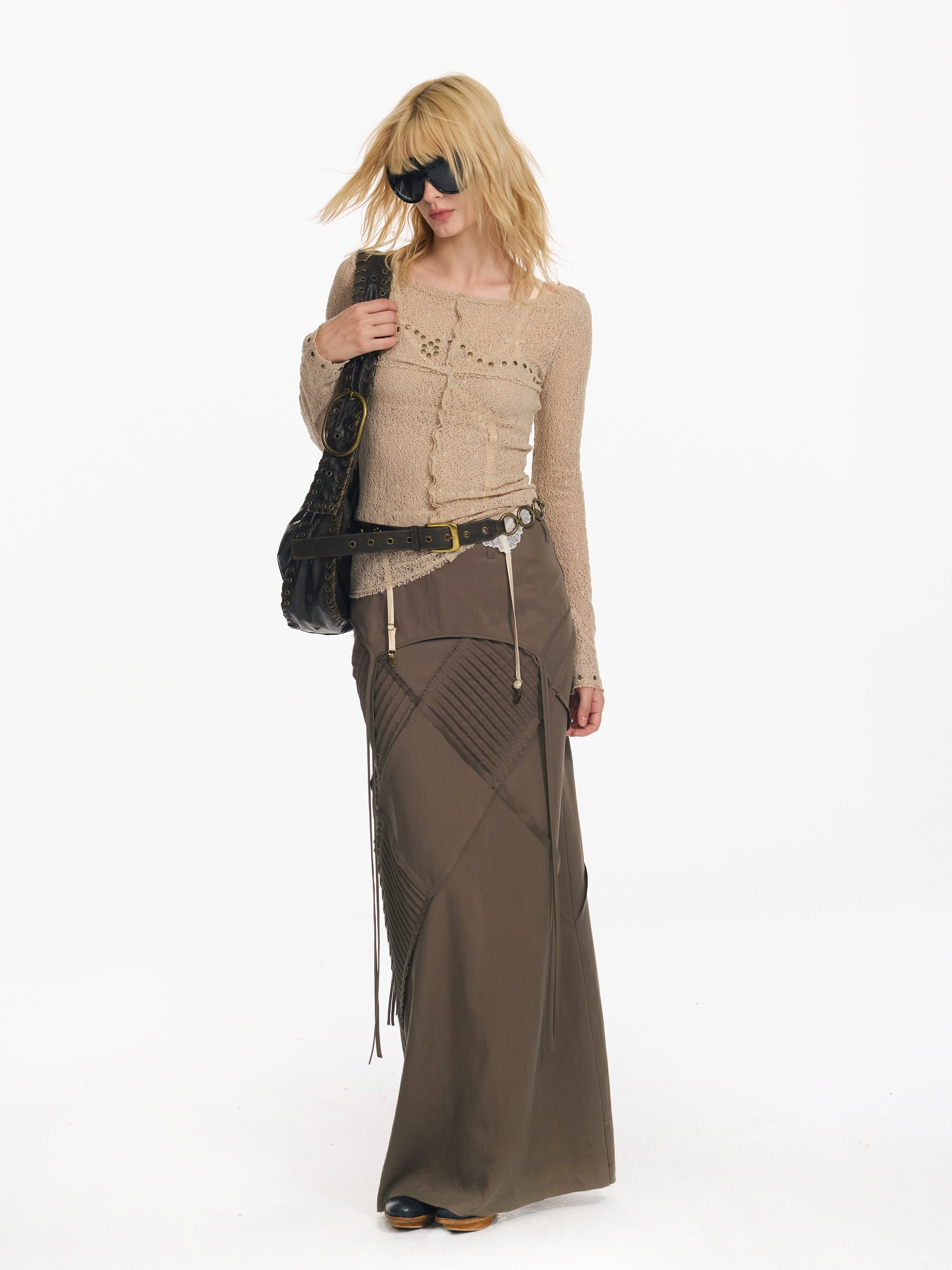 2th Desire 复古菱形格打条绑带长款直筒显瘦设计感低腰半身裙女