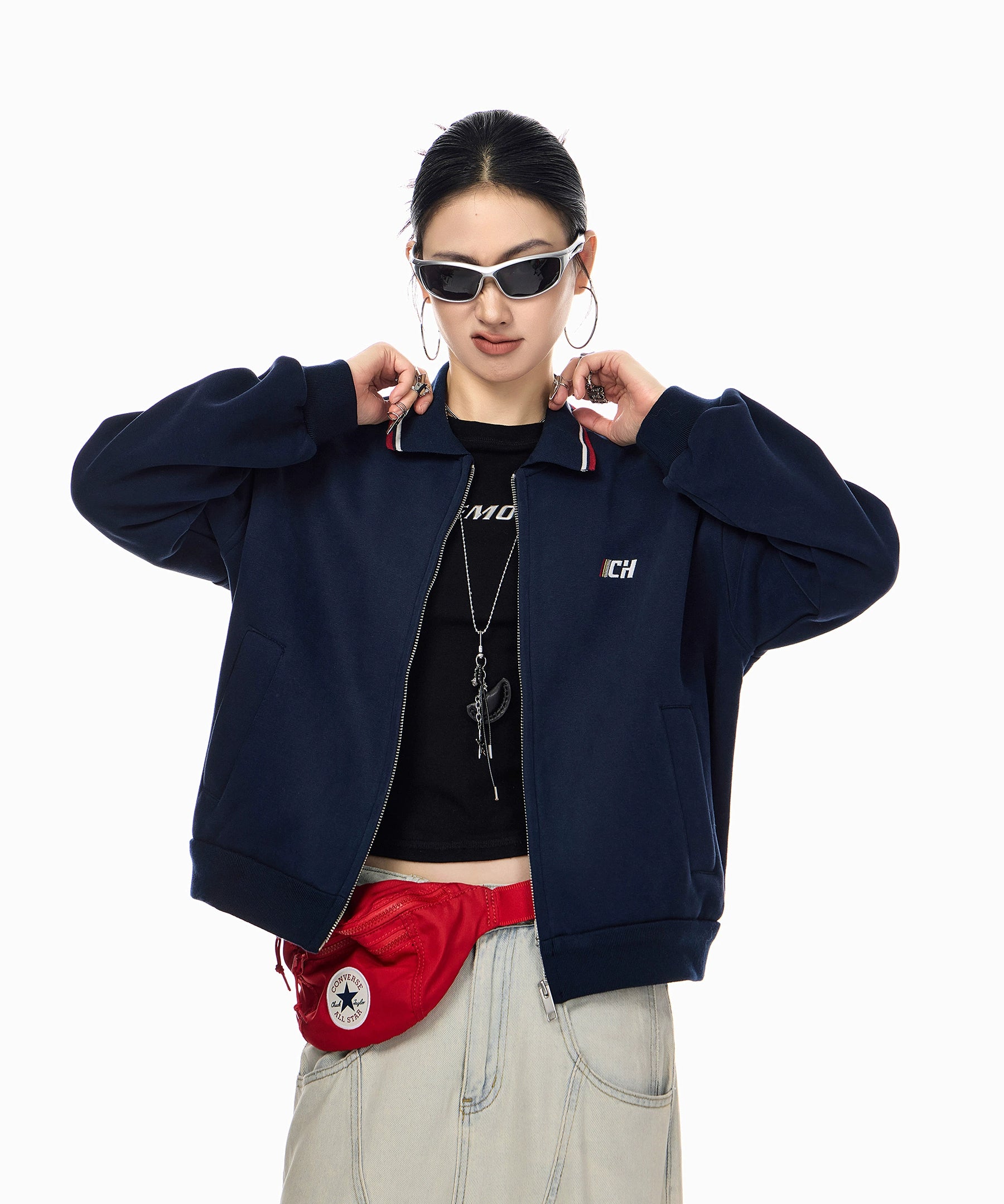 ICH MODE 美式复古刺绣翻领短款外套女2025新款秋季运动开衫上衣