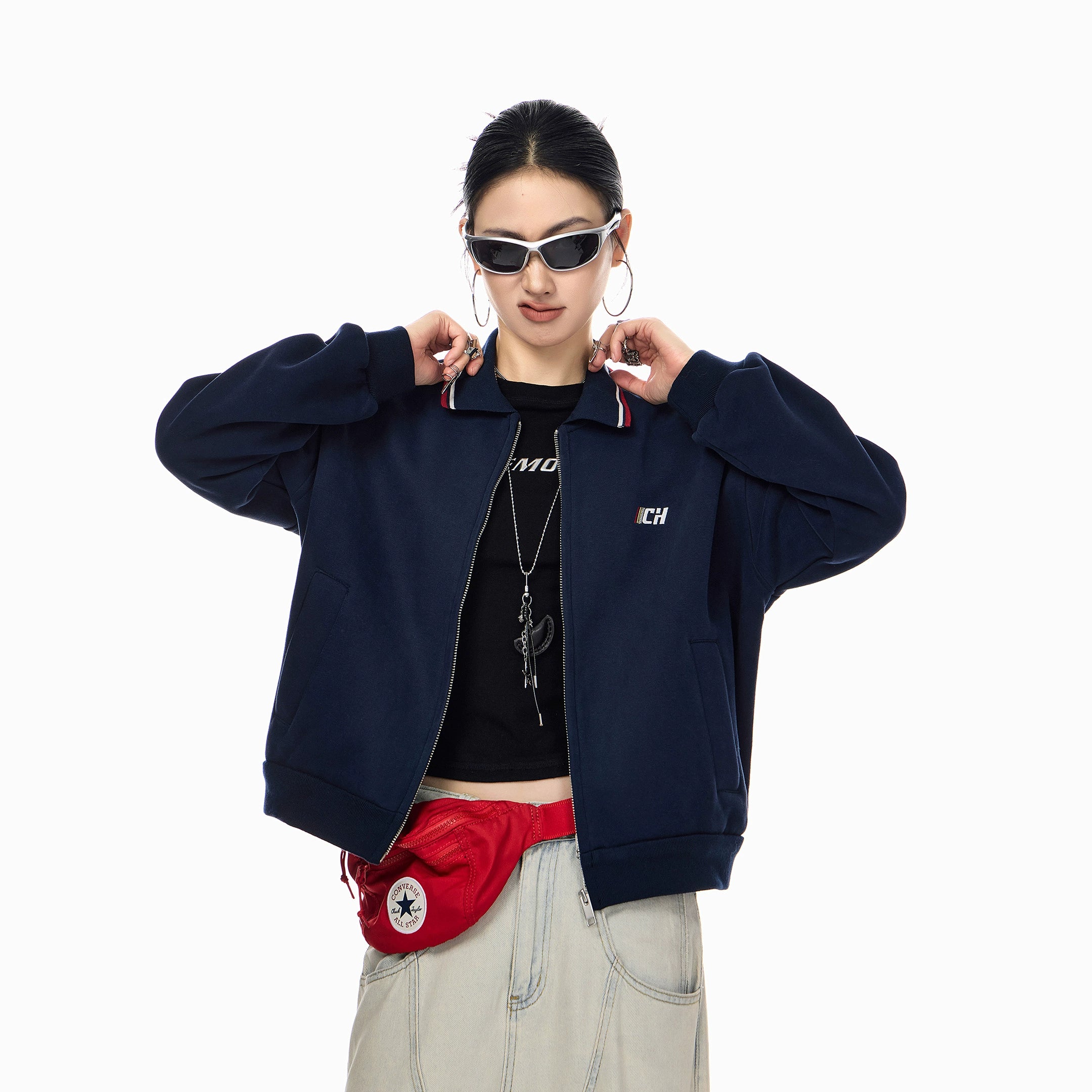 ICH MODE 美式复古刺绣翻领短款外套女2025新款秋季运动开衫上衣