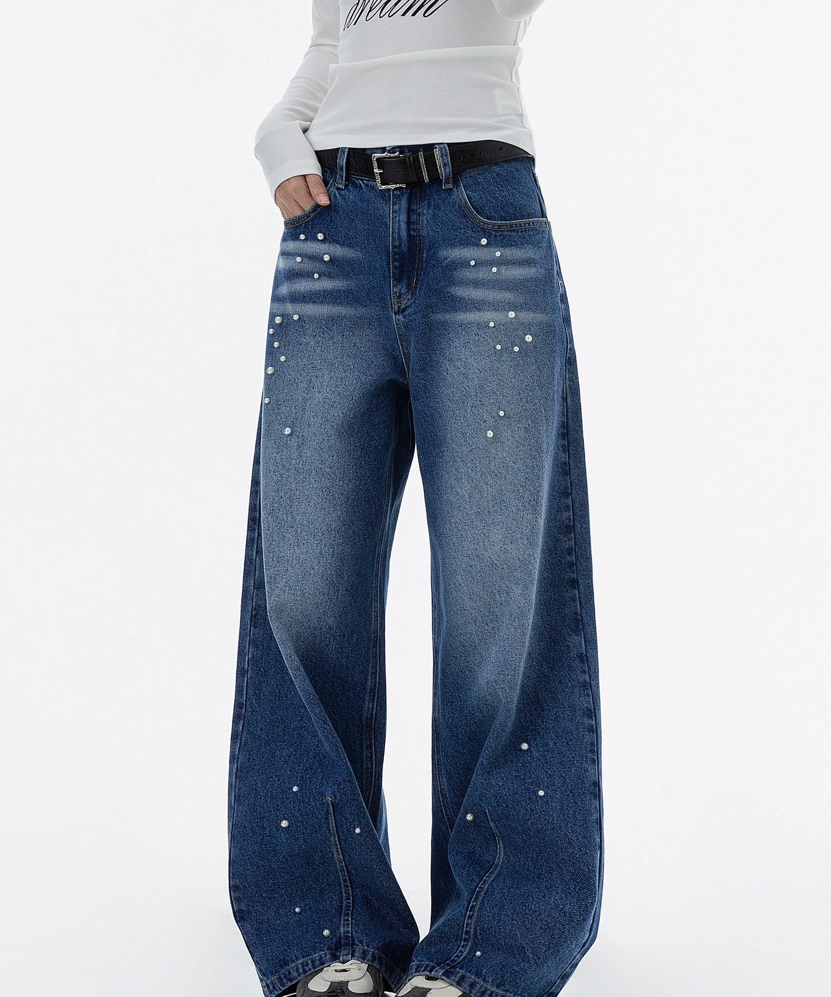 ICH MODE 美式复古珍珠牛仔裤女休闲裤宽松直筒裤子运动裤阔腿裤