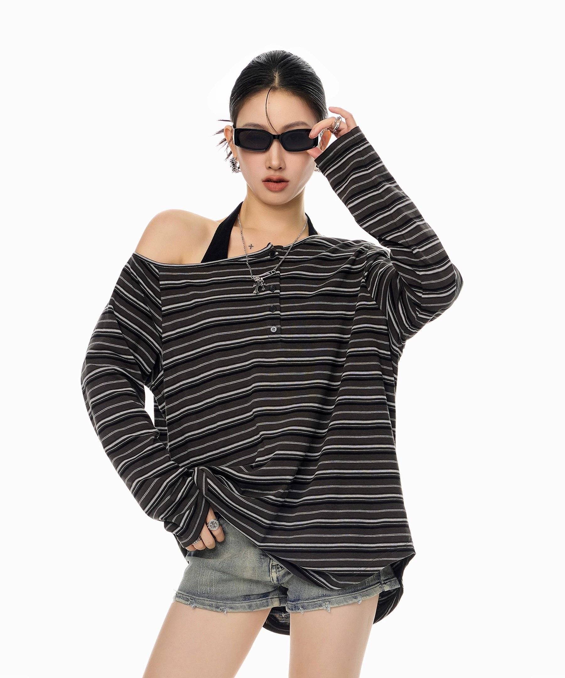 ICH MODE 美式复古斜肩T恤女2025新款秋冬露肩长袖宽松一字肩上衣