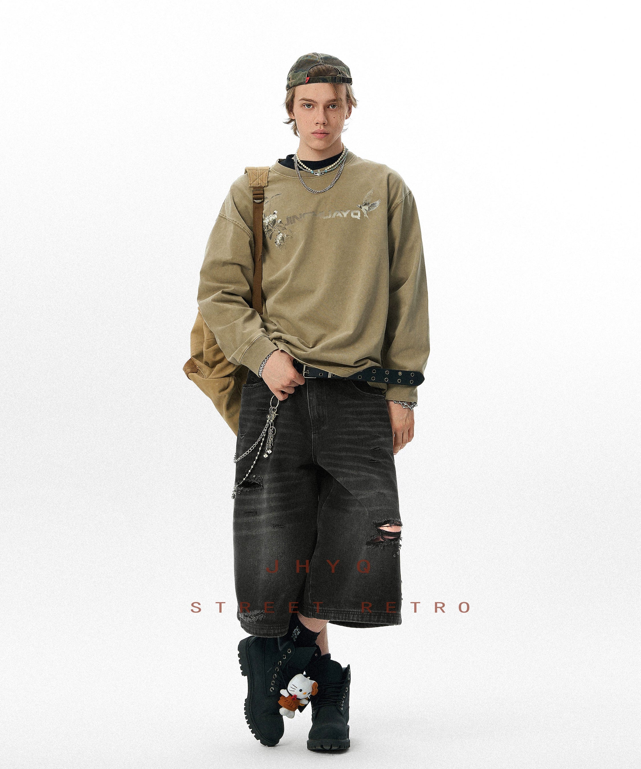 花鸟之语丨JHYQ美式复古水洗320重磅长袖T恤男士字母做旧印花卫衣