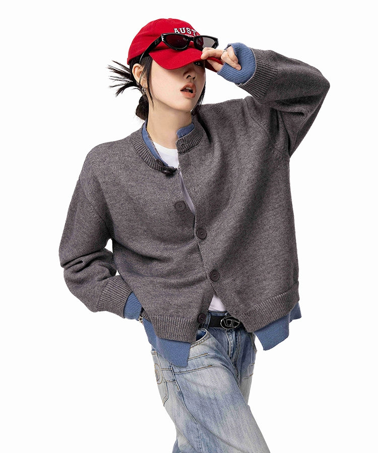 ICH MODE 美式假两件毛针织衫女2025年新款秋冬开衫毛衣长袖外套