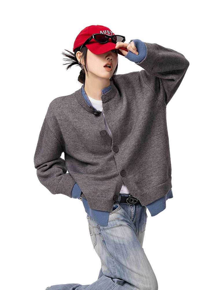 ICH MODE 美式假两件毛针织衫女2025年新款秋冬开衫毛衣长袖外套