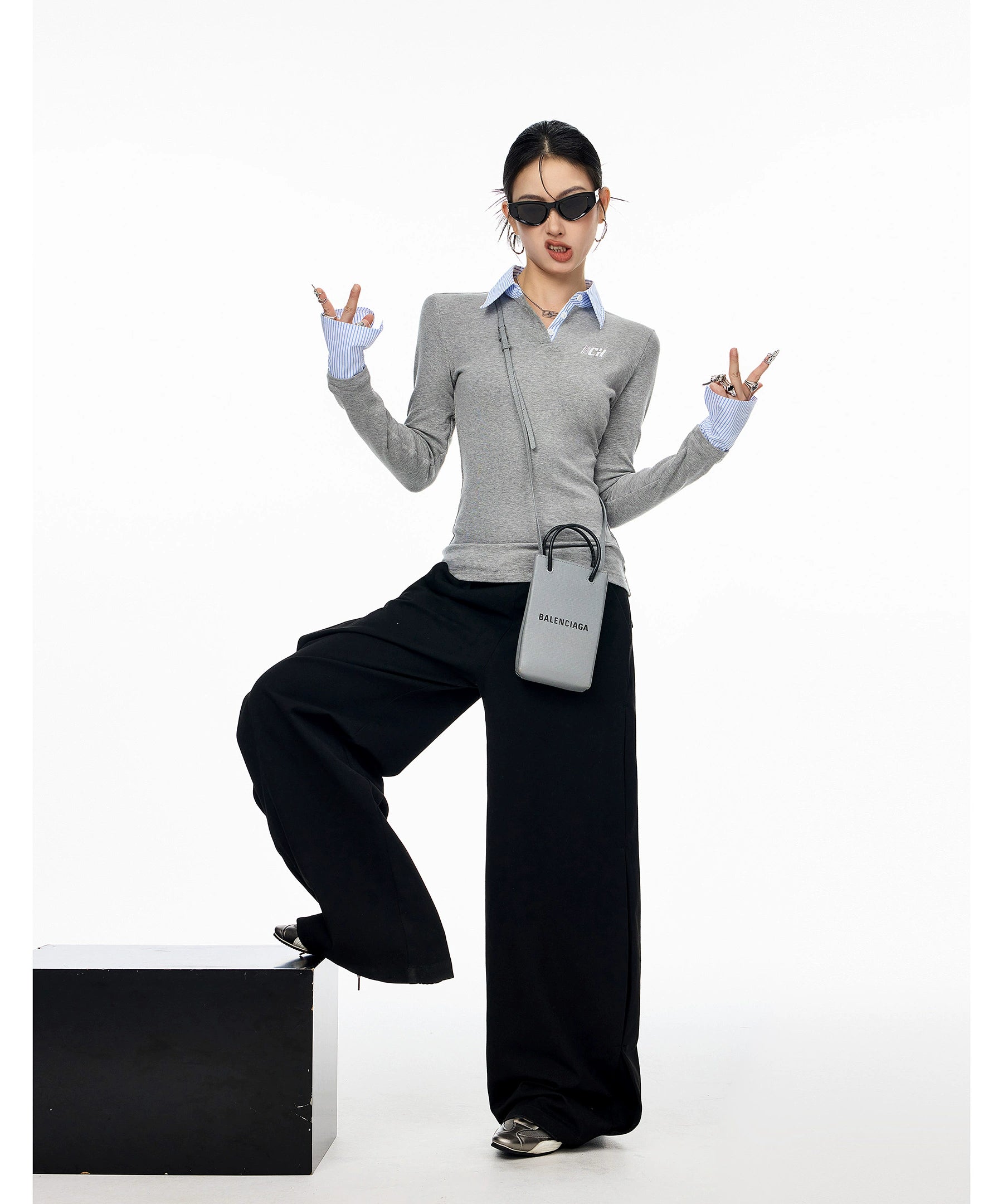 ICH MODE 美式复古假两件长袖T恤女新款修身POLO衫内搭打底衫上衣