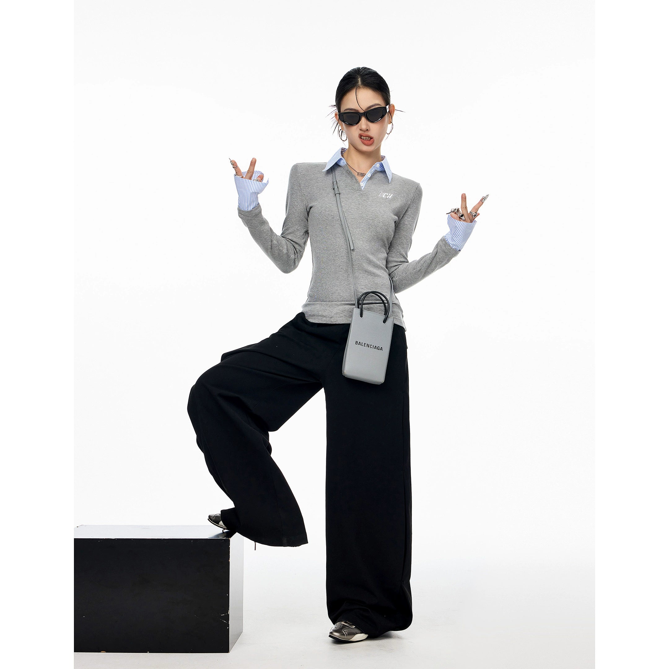 ICH MODE 美式假两件正肩长袖T恤女秋新款修身显瘦POLO衫翻领上衣