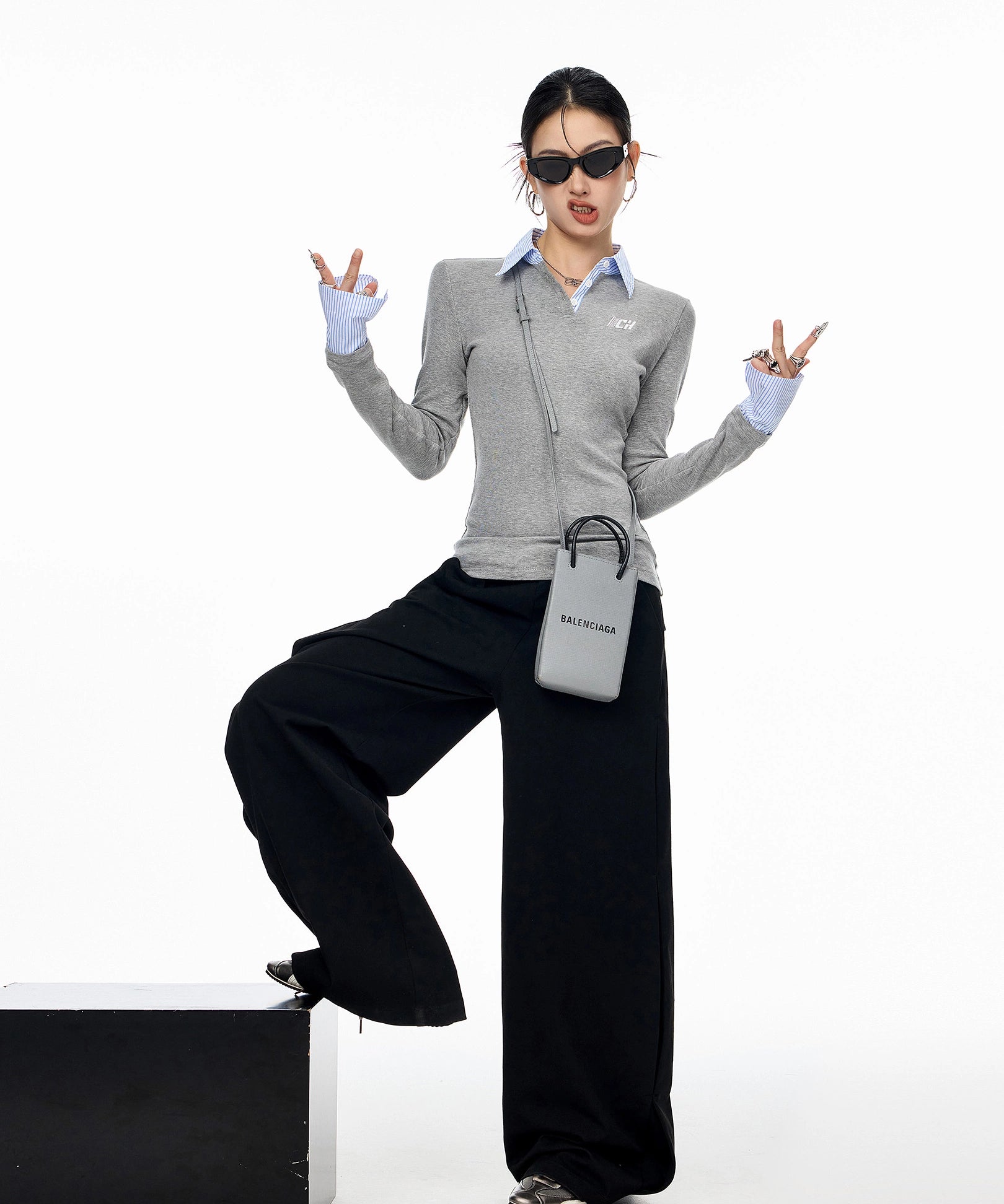 ICH MODE 美式假两件正肩长袖T恤女秋新款修身显瘦POLO衫翻领上衣