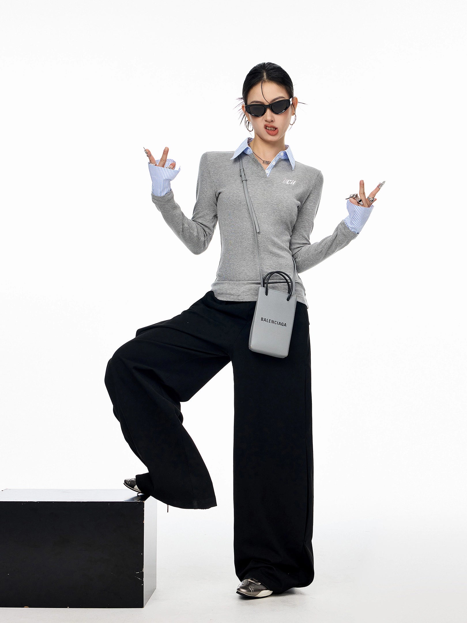 ICH MODE 美式假两件正肩长袖T恤女秋新款修身显瘦POLO衫翻领上衣